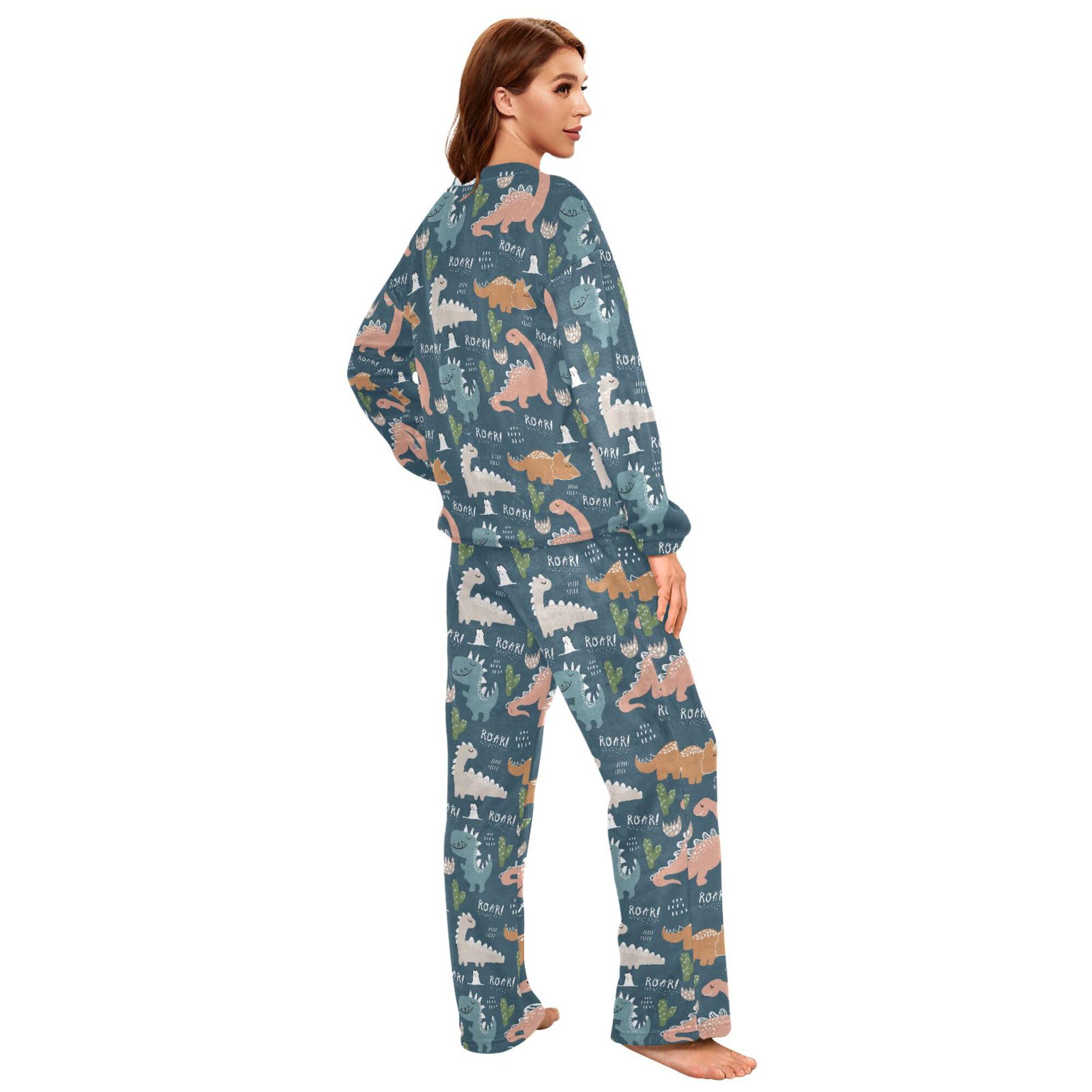 ALAZA Conjunto de pijama de forro polar para mujer, diseño de búho, luna y nubes, ropa de dormir de manga larga, ropa de dormir de dos piezas, ropa de dormir térmica, pijama súper suave, talla S