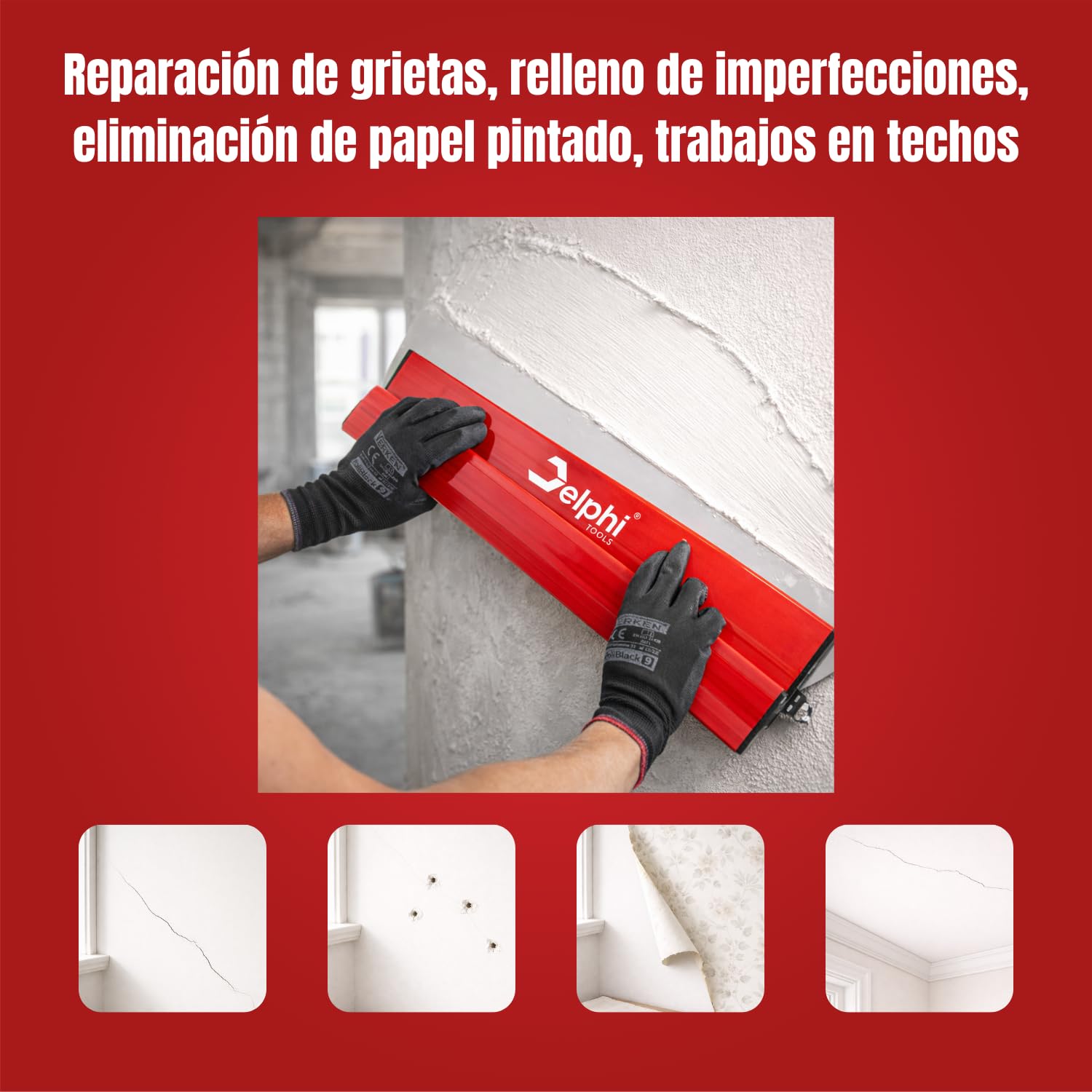 Delphi Espátula para Pladur (40/60/80/100 cm) - 80 cm con Hoja de Acero Inoxidable 0,3 mm | para Alisar Paredes y Techos | Para Yeso, Masilla, Pintura y Cola + 2 Esponjas GRATIS