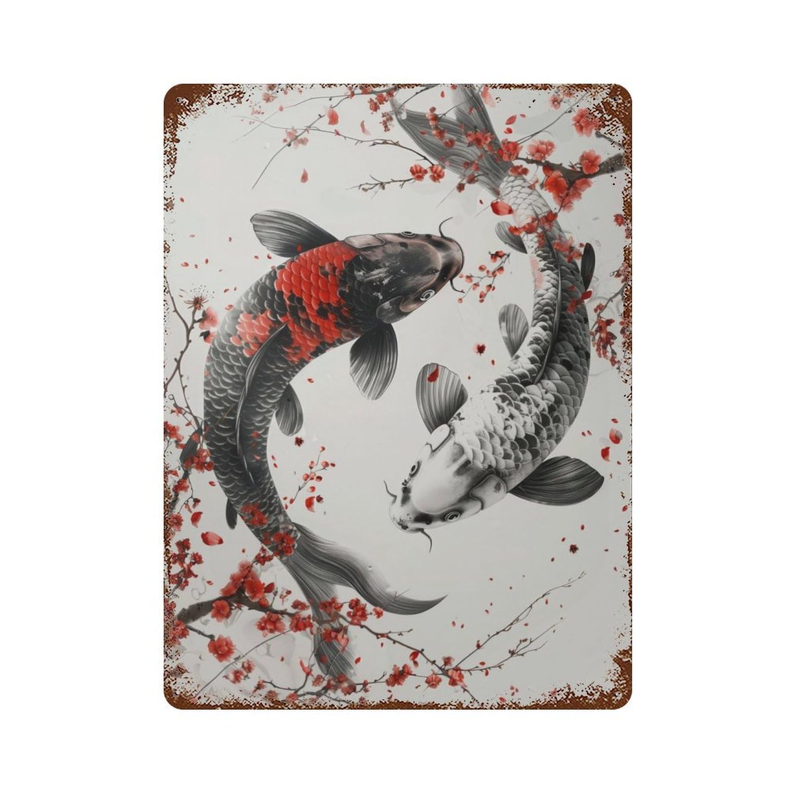 Koi Fish Balance Cherry Blossoms Rustic Tin Plaque 15.7"x11.8", Farmhouse Wall Decor for Shed, Workshop And Garage Wall Decor