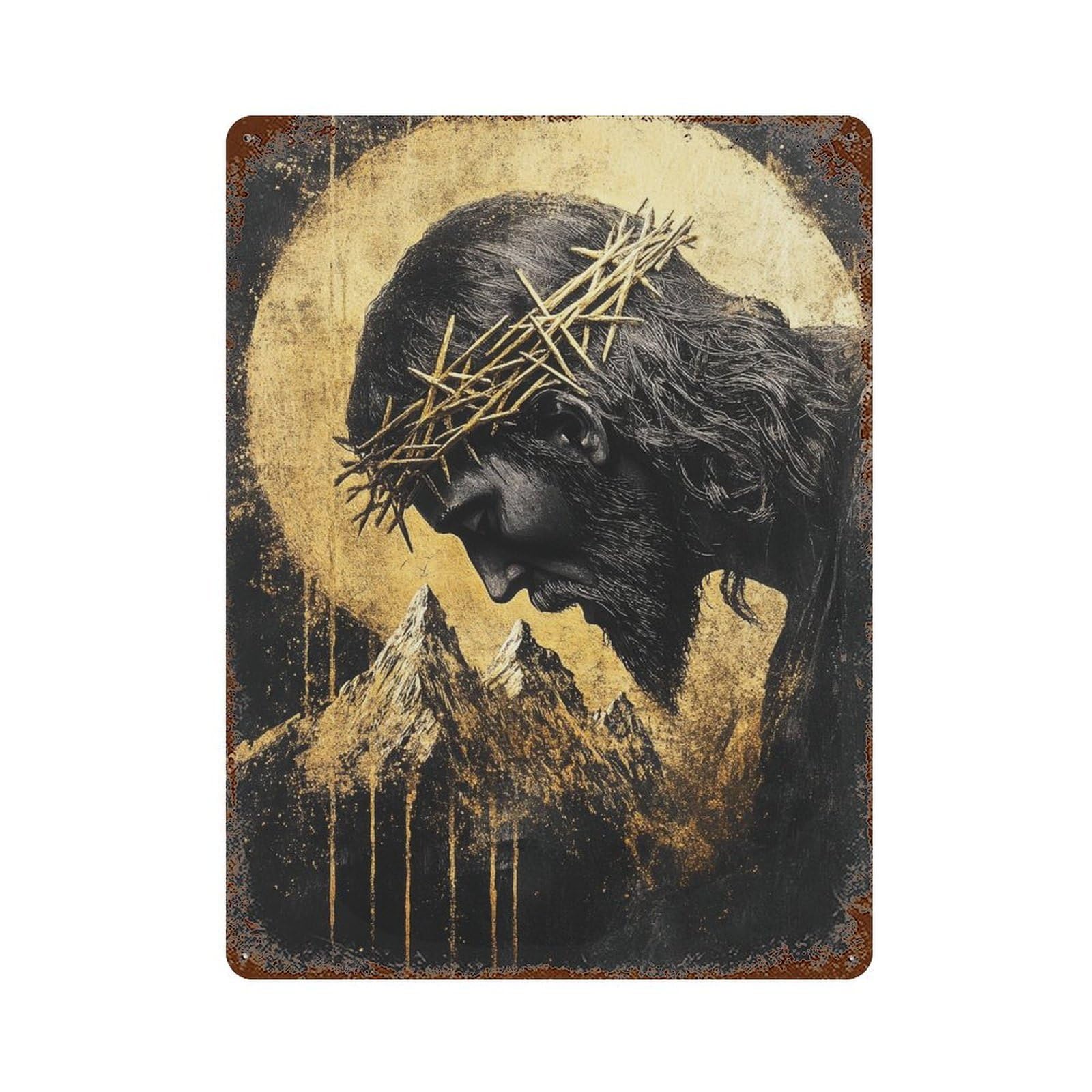 Vintage Rust Metal Sign with Golden Crown of Thorns Art Print Design 15.7"x11.8", for Office, Studio And Wall Decor, Farmhouse Wall Decor
