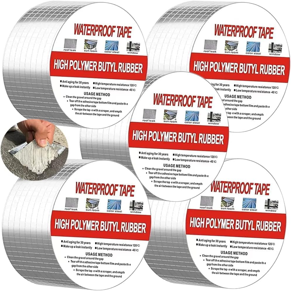 KBZONE Waterproof Repair Tape for Pipe Leakage Roof Water Leakage Solution Aluminium Foil Tape Waterproof Adhesive Sealing Butyl Rubber Tape for Surface Crack 2 inch*5M (Pack of 5)