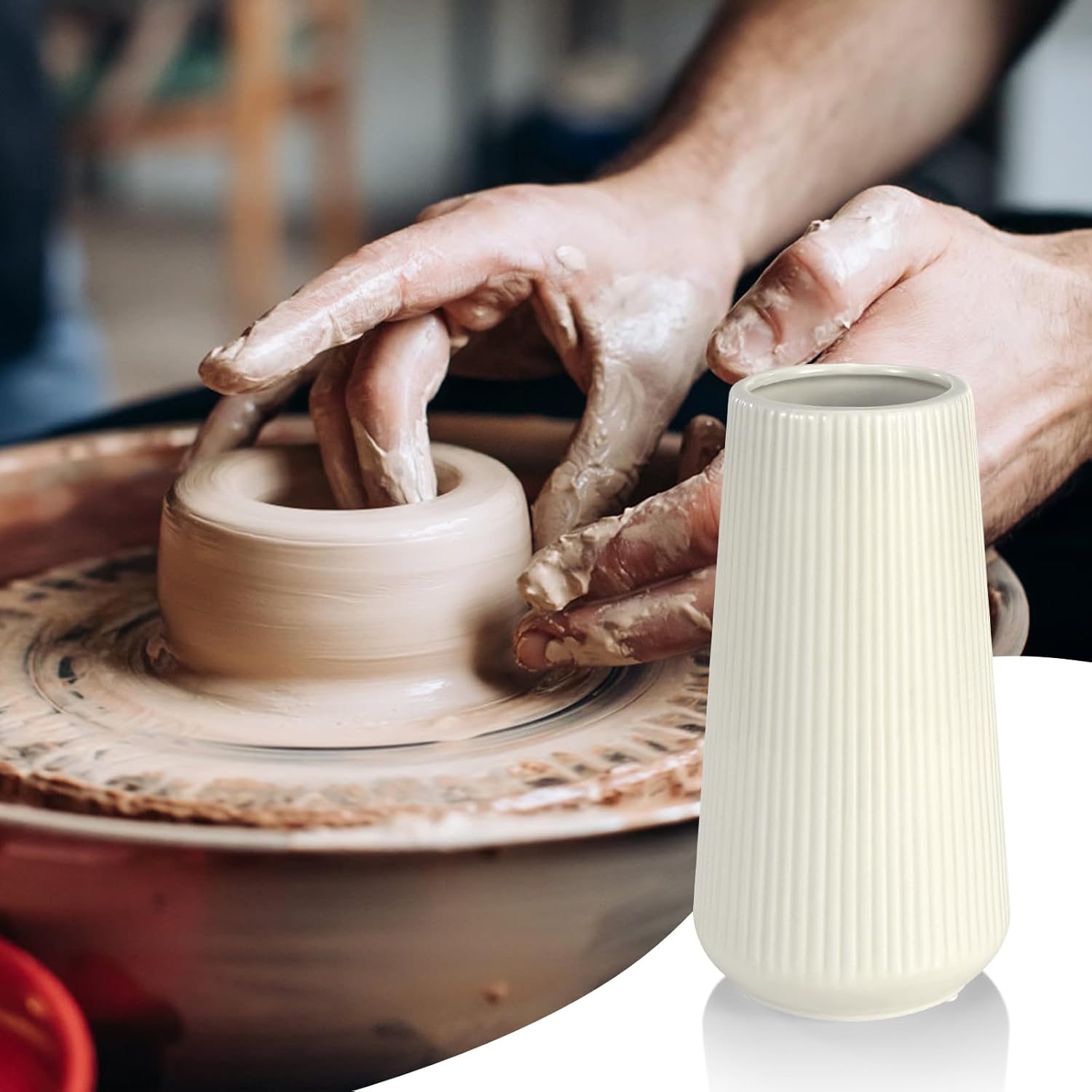 Beige Ceramic Vase, GUKJOB Small Cute Flower Vase for Pampas Grass, Home, Living Room, Dining Table, Farmhouse, Office Decor, Bedroom, Table, and Kitchen Shelf (Beige) - Image 7