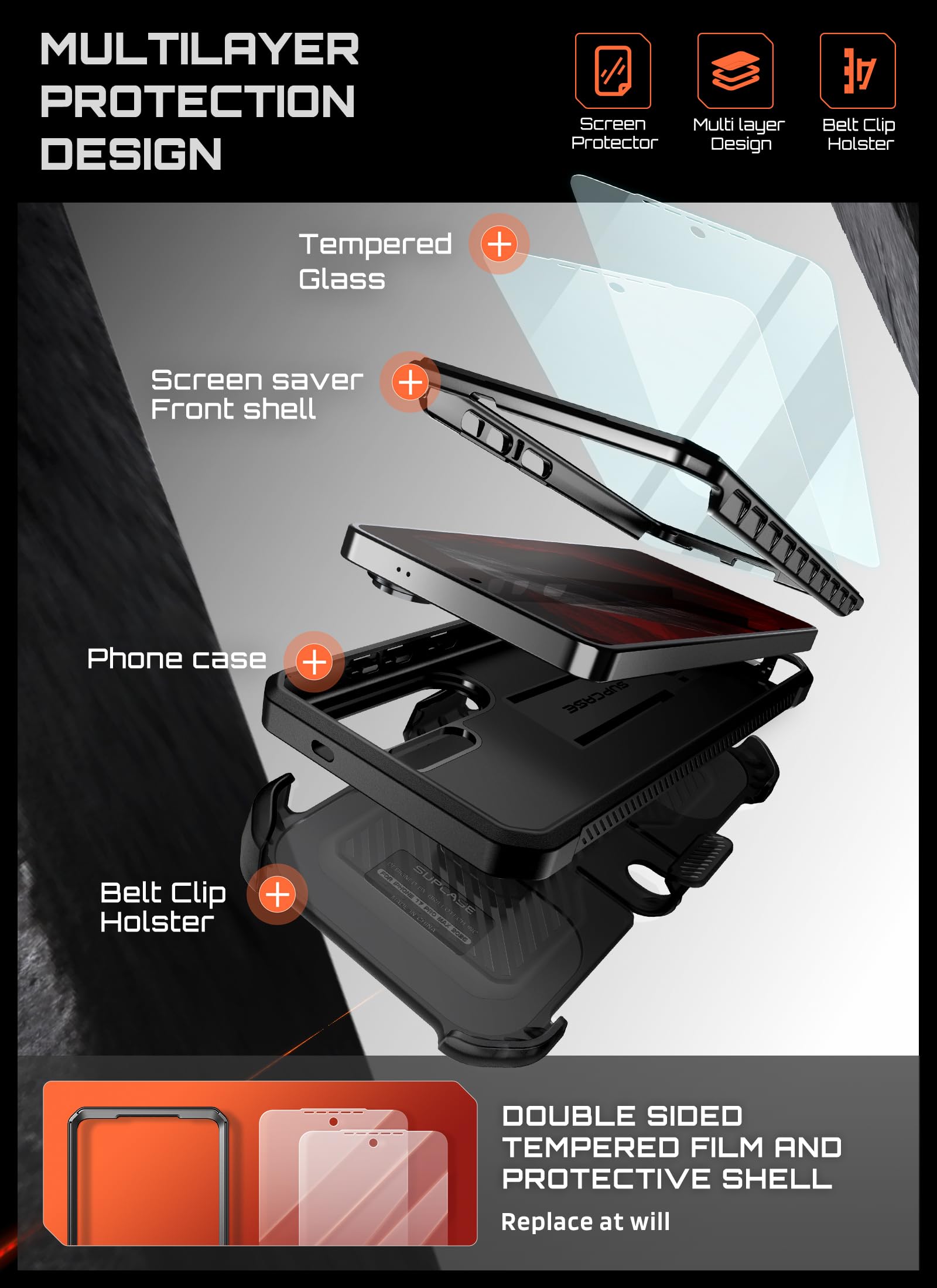 SUPCASE für Samsung Galaxy S26 Ultra Hülle Outdoor Handyhülle, Schwarz | Bumper Case mit 2 Vorderseite (ohne Displayschutz + mit Displayschutz) Cover mit Gürtelclip und Ständer [UBPro] für S26 Ultra