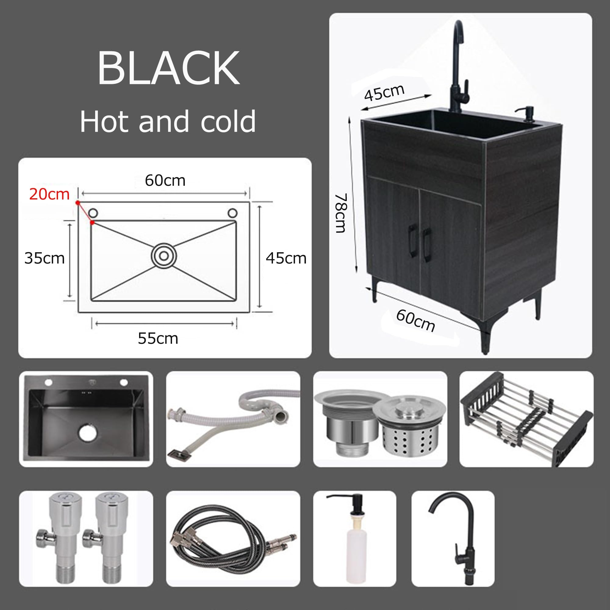 Lavandino da esterno nero/bianco con mobiletto, lavello da cucina a vasca singola, mobile per lavabo da appoggio commerciale e cassetto combinato per lavanderia e ripostiglio, cucina, bagno ( Color :