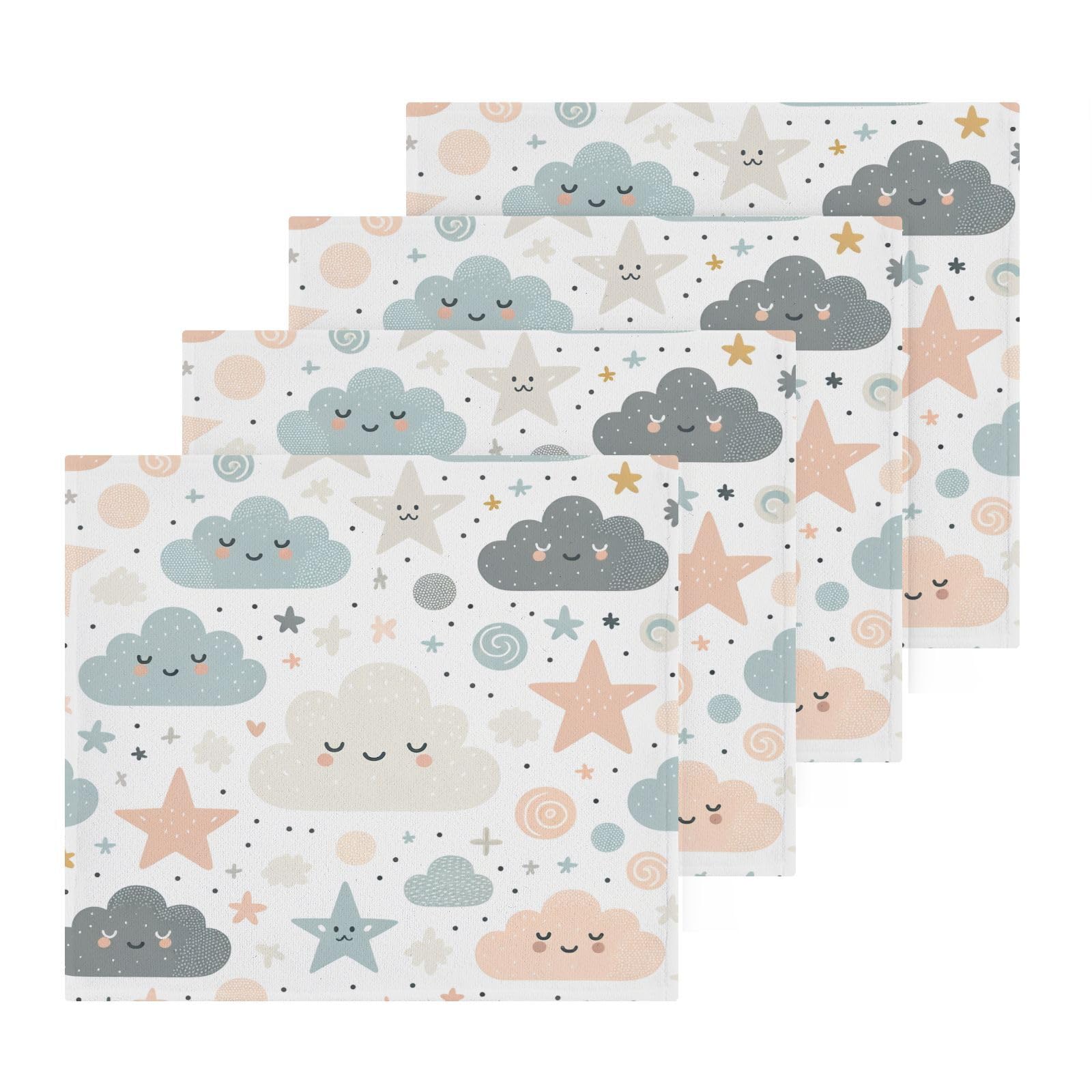YANENDIE Cute Clouds Stars (2) Washcloths Towels, Highly Absorbent and Soft Cotton Face Cloths, 4 Pack Quick Dry Wash Cloths - 12 X 12 Inches