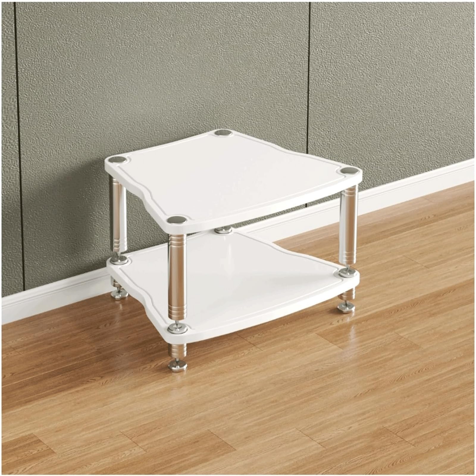 Edelstahl-O-Rack, 2-stöckig, HiFi-Ständer, mit stoßdämpfenden Füßen, offenes Holzdesign für O Equint – modernes Ste-Regal für Heimkino