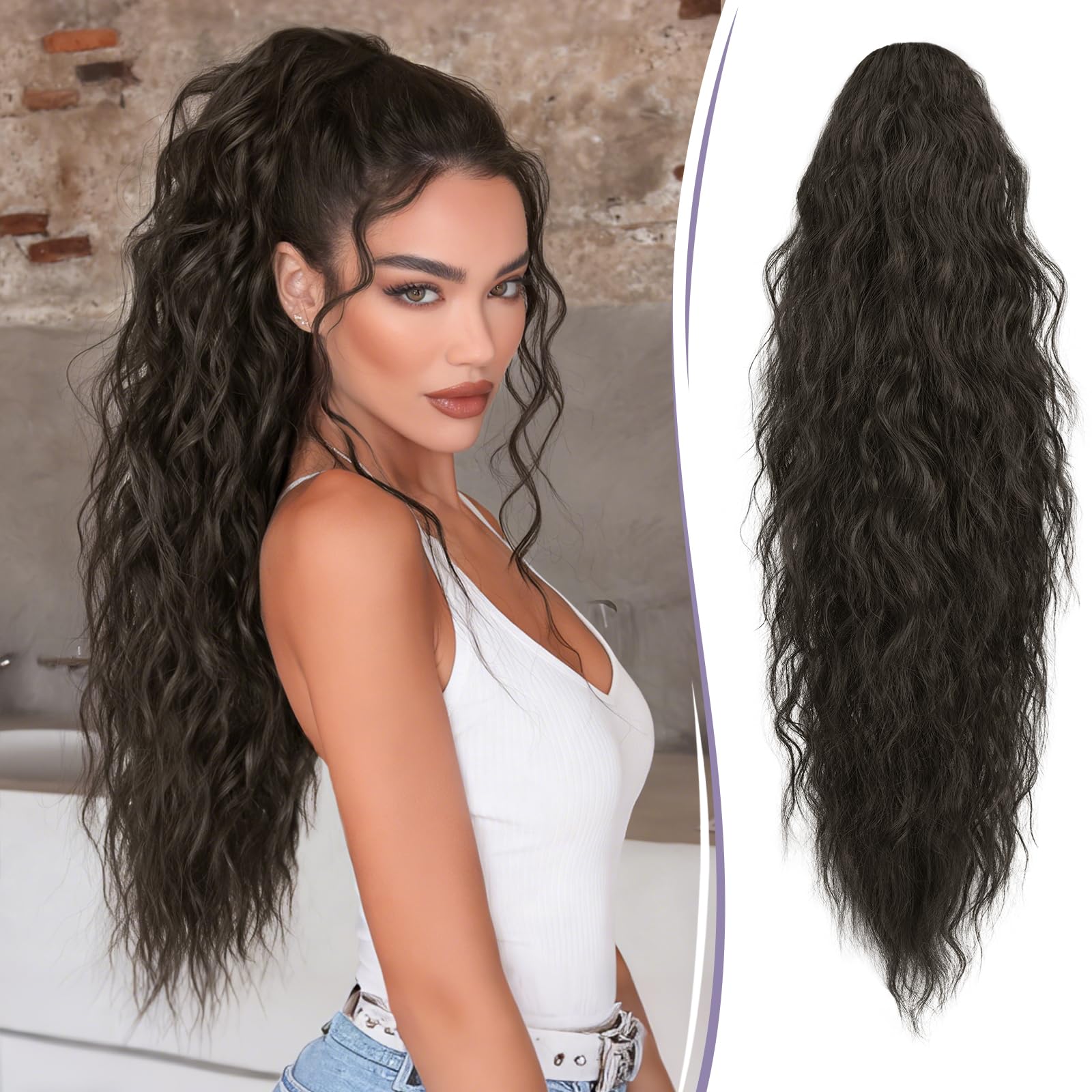 RUWISS Pferdeschwanz mit Klammer 76 cm Lange Wellig Lockig Pferdeschwanz Haarteil Synthetik Gewellt Claw Clip in Ponytail Extension für Damen, Natürliches Schwarz