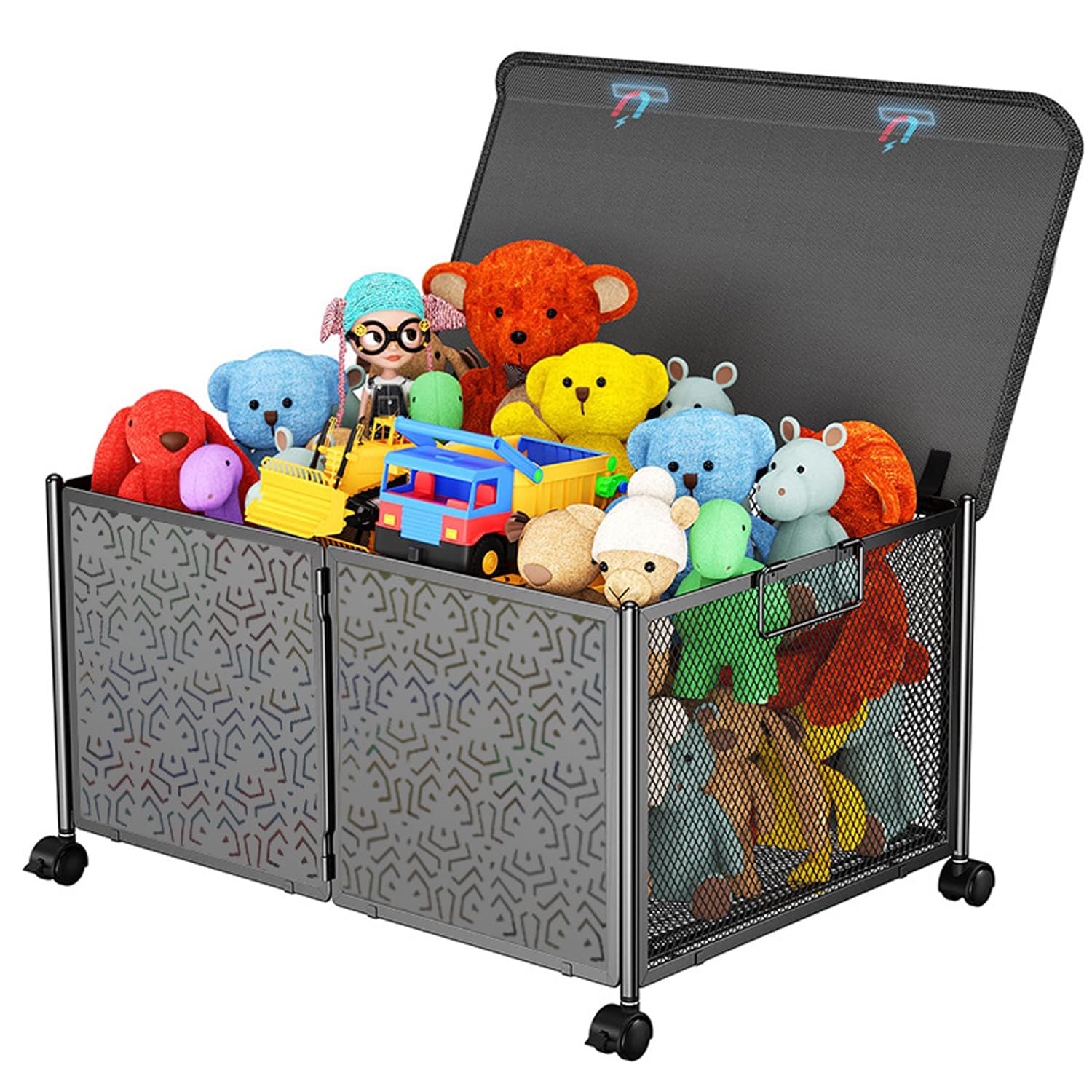 AM ANNA Large Toy Box Chest Storage with Wheels and Lids, Collapsible Sturdy Metal Toy Chest for Kids Toy, Nursery Room,Playroom,Stuffed Animal Storage,Bedroom, Closet,Toy Storage Bin for girls boys