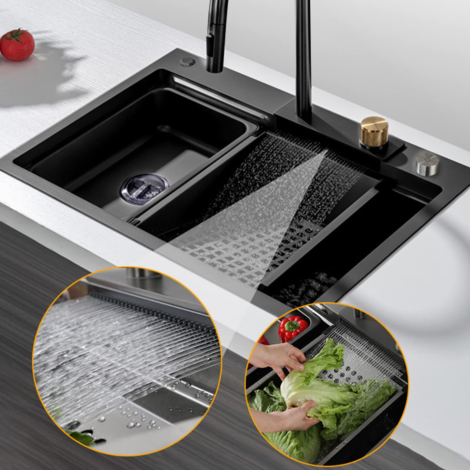 Lavello Cucina 1 Vasca,Lavello in Acciaio Inox,Lavandino Cucina per Postazione di Lavoro,lavello da Bar,Lavello A Cascata Nano Raindance,con Rubinetto Estraibile & Componenti di Drenaggio