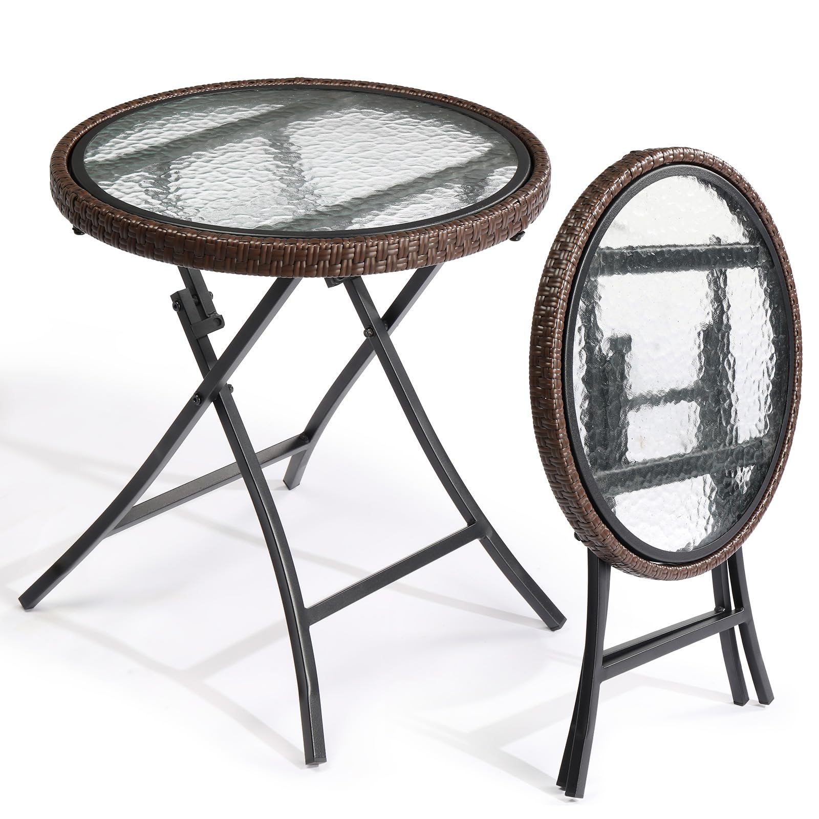 VINGLI 19in Modern Brown Rattan Folding Glass Outdoor Side Table, Small Patio Table with Tempered Glass Top,Round,1 Pack