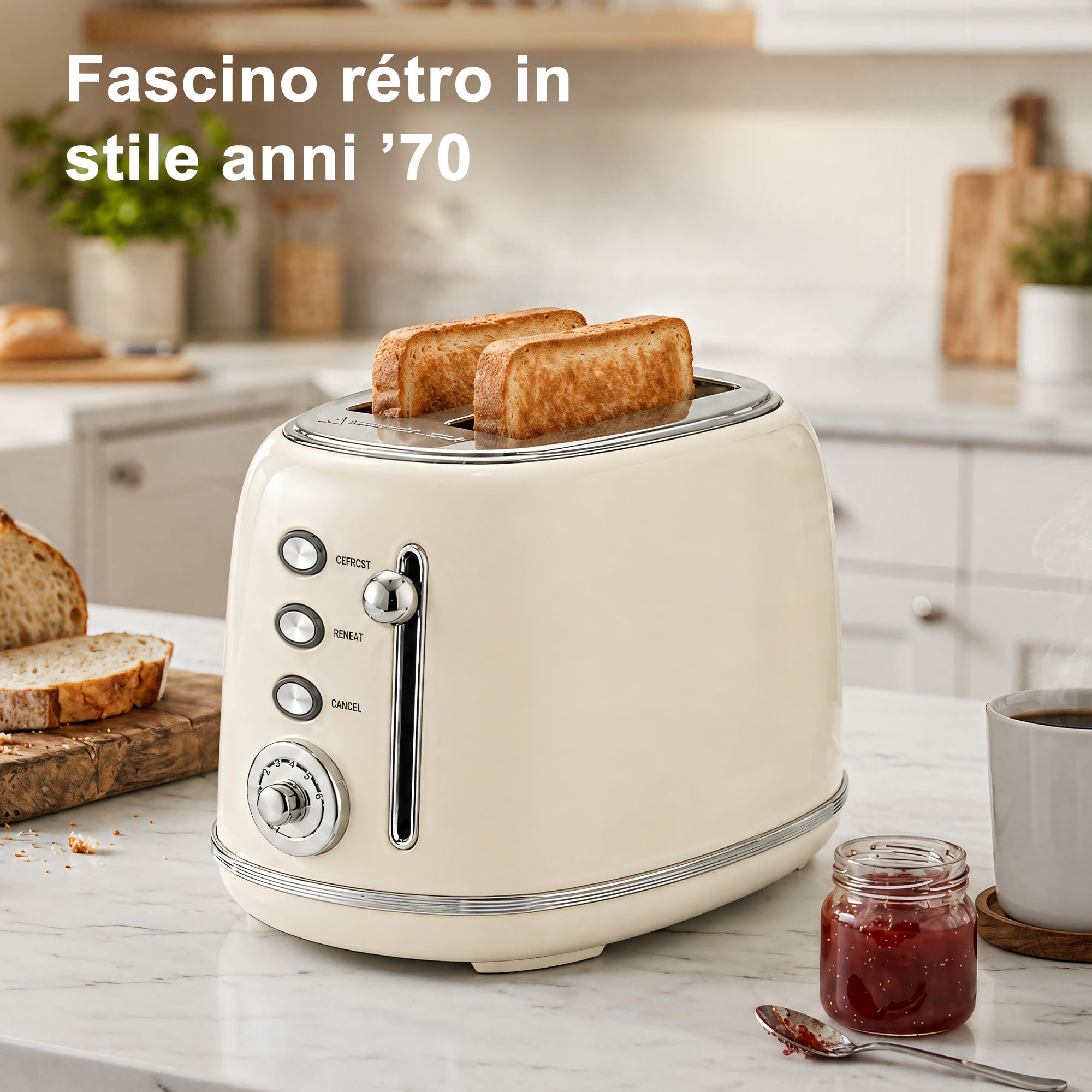 Wiltal Tostapane Retrò 2 Fette in Acciaio Inox – Tosta Pane Compatto con Scalda Pane, 6 Livelli, Funzione Scongelamento e Riscaldamento, Espulsione Automatica, Design Vintage Beige Elegante