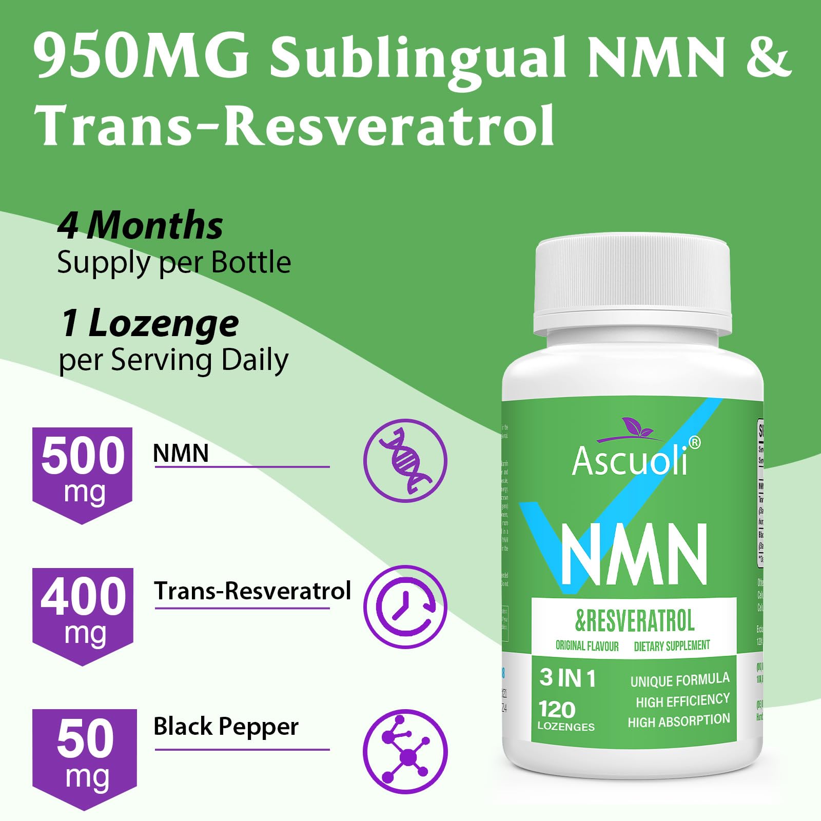 Sublingual NMN Resveratrol Supplement 950mg, 480 Lozenges (480-Day Supply) — Amazon image 3