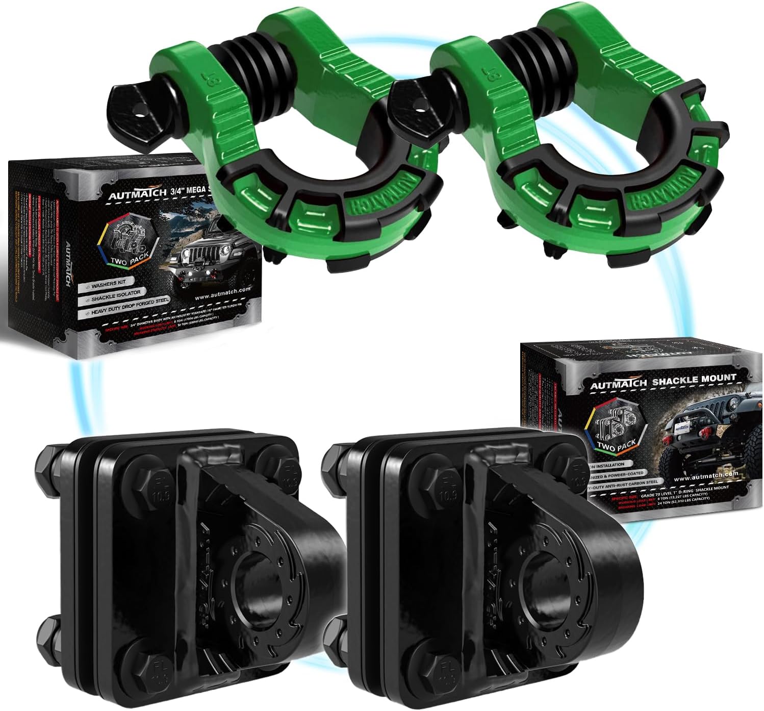 AUTMATCH Mega D Ring Shackles with Shackle Mount, Bolt On Clevis Mount Bumper Shackle Bracket, Use with Tow Strap, Winch, Off-Road Vehicle Recovery Truck, Dark Green