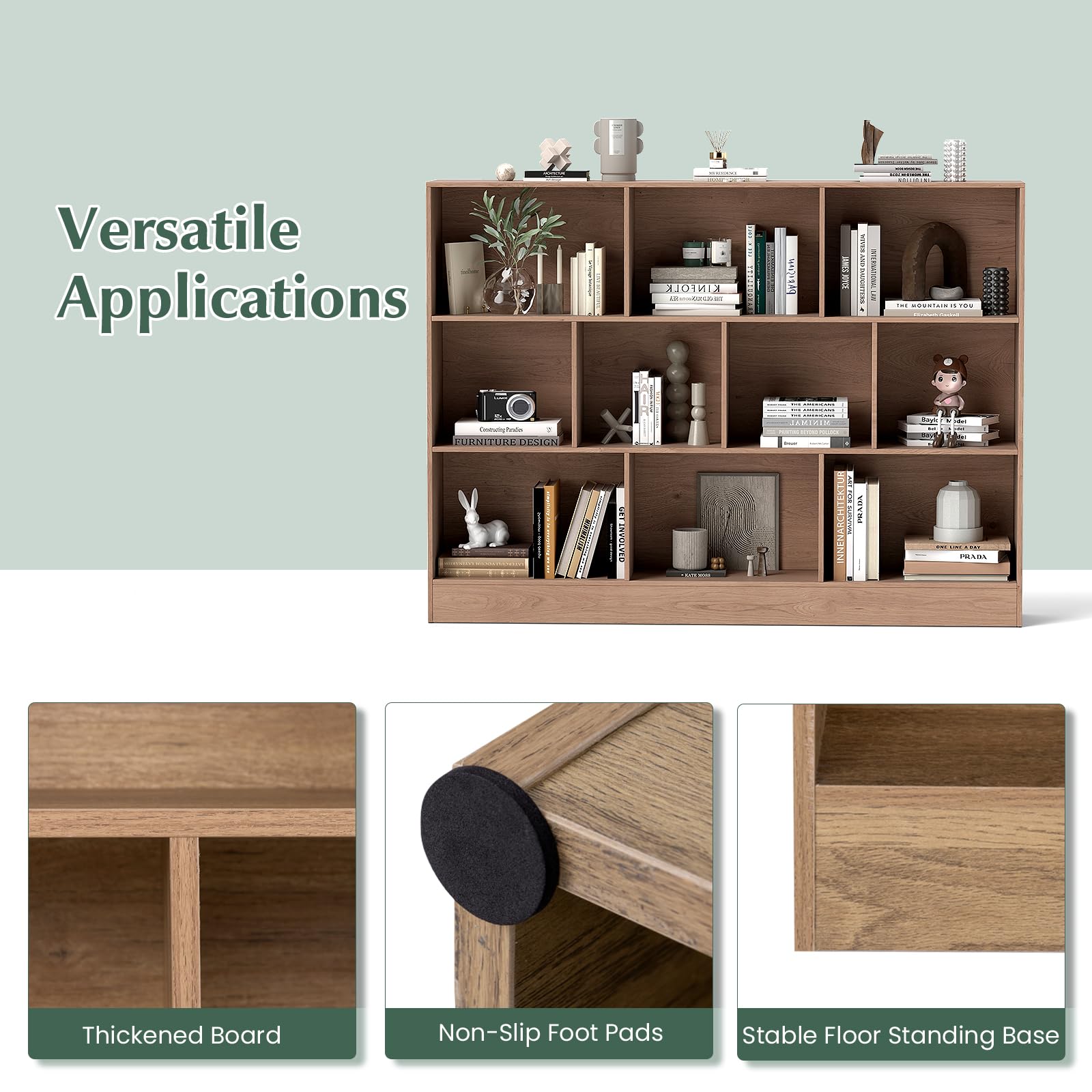 KOMFOTTEU Estantería Abierta con 10 Compartimentos, Librería de 3 Niveles con Dispositivo Antivuelco, Mueble de Almacenamiento para Salón, Oficina (Natural, 140 x 24 x 104 cm)