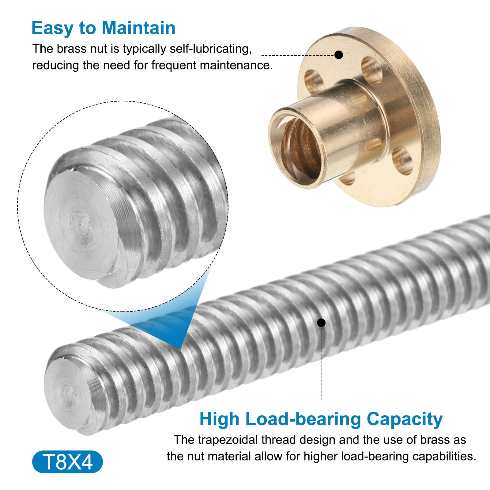 uxcell 2 Pcs 100mm / 4 Inch Tr8x4 Stainless Steel Lead Screw with