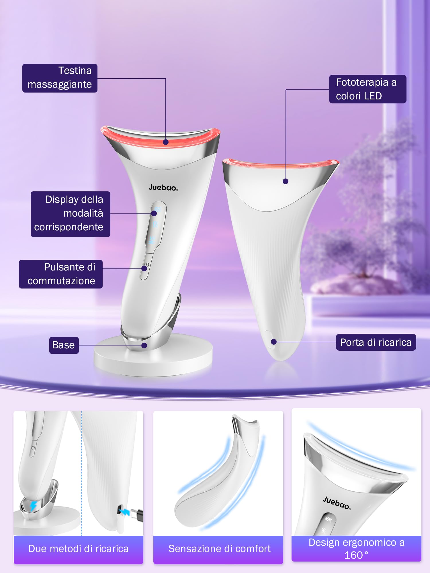 Massaggiatore Viso Lifting Antirughe Elettrico: Face Massager con 3 Modi LED - Dispositivo di Bellezza a 45°C con EMS Microcorrente per Rughe - Gua Sha Elettrico per Massaggio Rassodante Viso e Collo