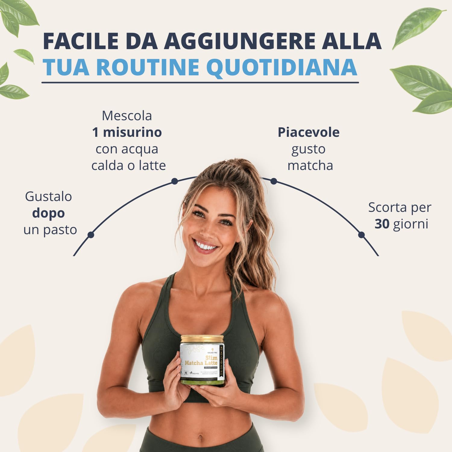 Golden Tree Slim Matcha Latte – Matcha Polvere, 180 g, 30 Porzioni | Latte di Cocco, L-carnitina, Fico d’India e Vitamina C, Polvere di Tè Verde, 2% di Caffeina