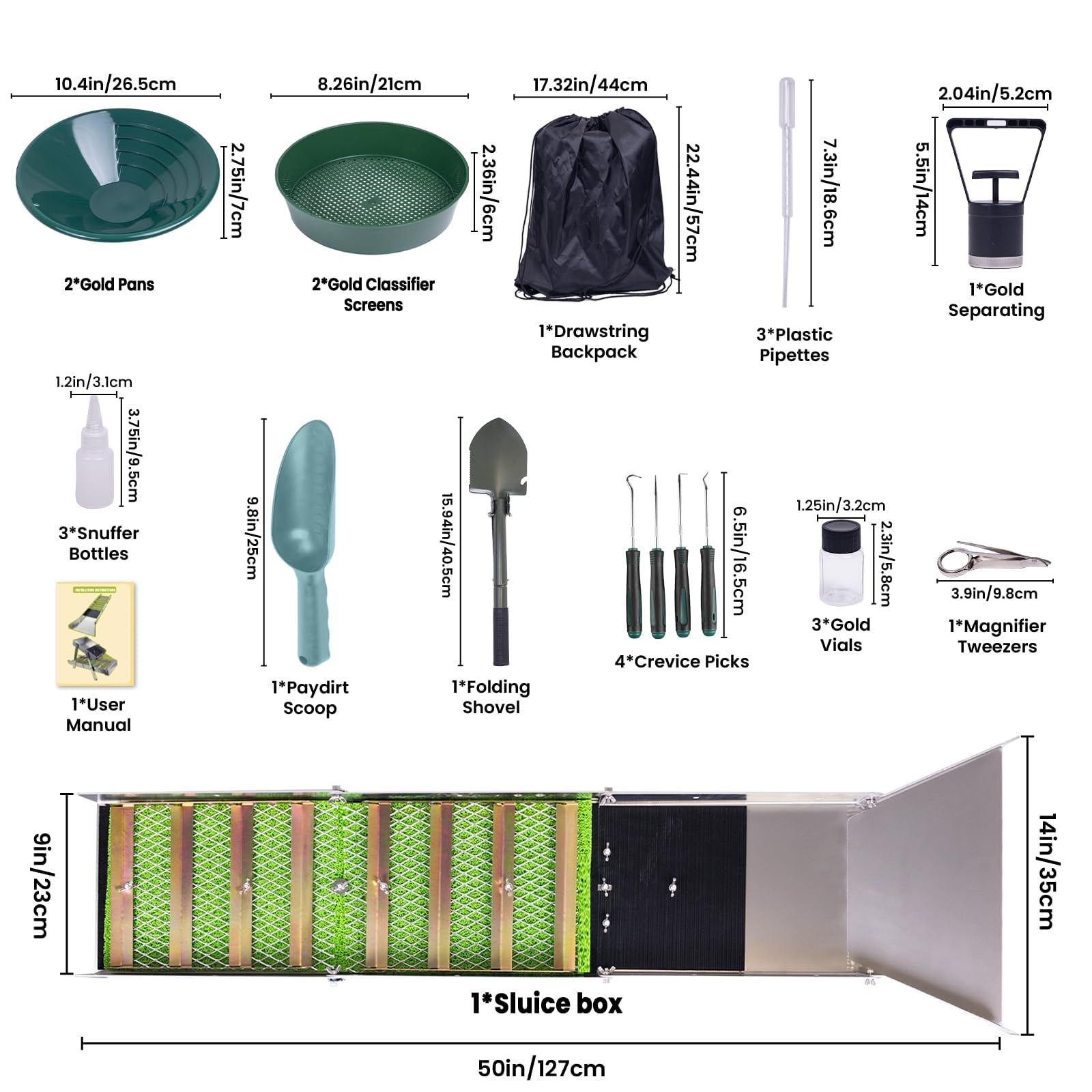 Kit Completo Per La Ricerca De-ll'oro Da 27 Pezzi Con Canaletta Di Lavaggio Pieghevole Da 50", Attrezzatura Portatile In Lega Di Alluminio Per La Prospezione, Include Setaccio Classificatore