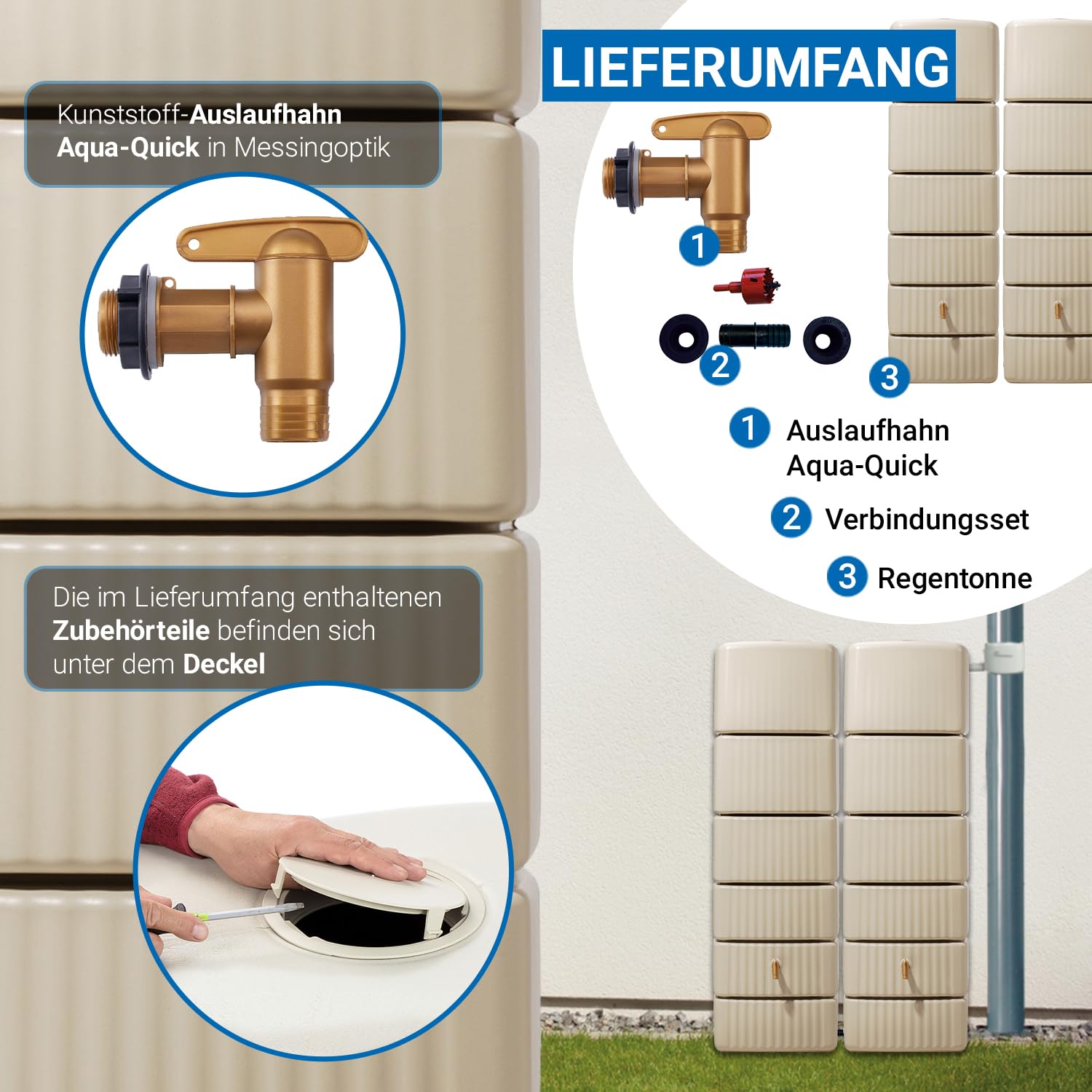 4rain Slim Regentonne Set 660 L, sandbeige, 2X Slim 330 L, inkl. Verbinder | Wandtank, Wassertank, Regenfass, Regenwassertonne, Wasserbehälter, Fass, Regenwassertank, Wasserfass, Wassertonne