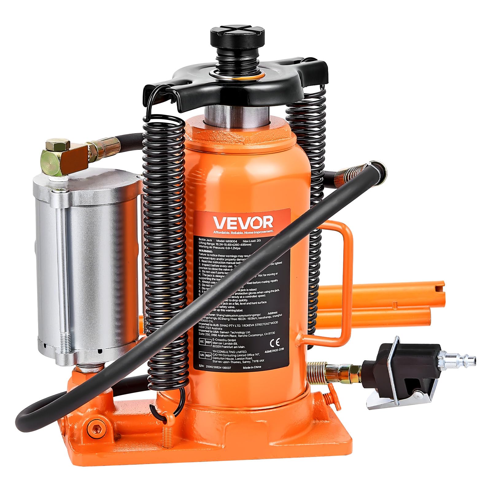 VEVOR Gato Neumático de Botella, Capacidad 20 T, Rango de Elevación 260 a 495 mm, con Bomba para SUV, Camionetas Pickup, Autocaravanas y Reparaciones de Automóviles, 235 x 155 x 260 mm, Naranja