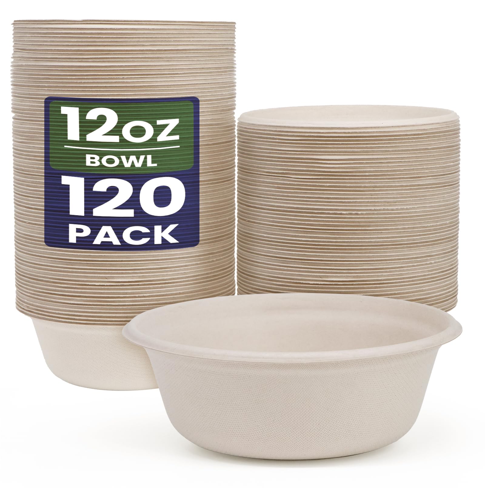 GreFusionUltra 12oz Brown Paper Bowls [120 Pack] Unbleached Disposable Bowls Sugarcane Heavy-Duty