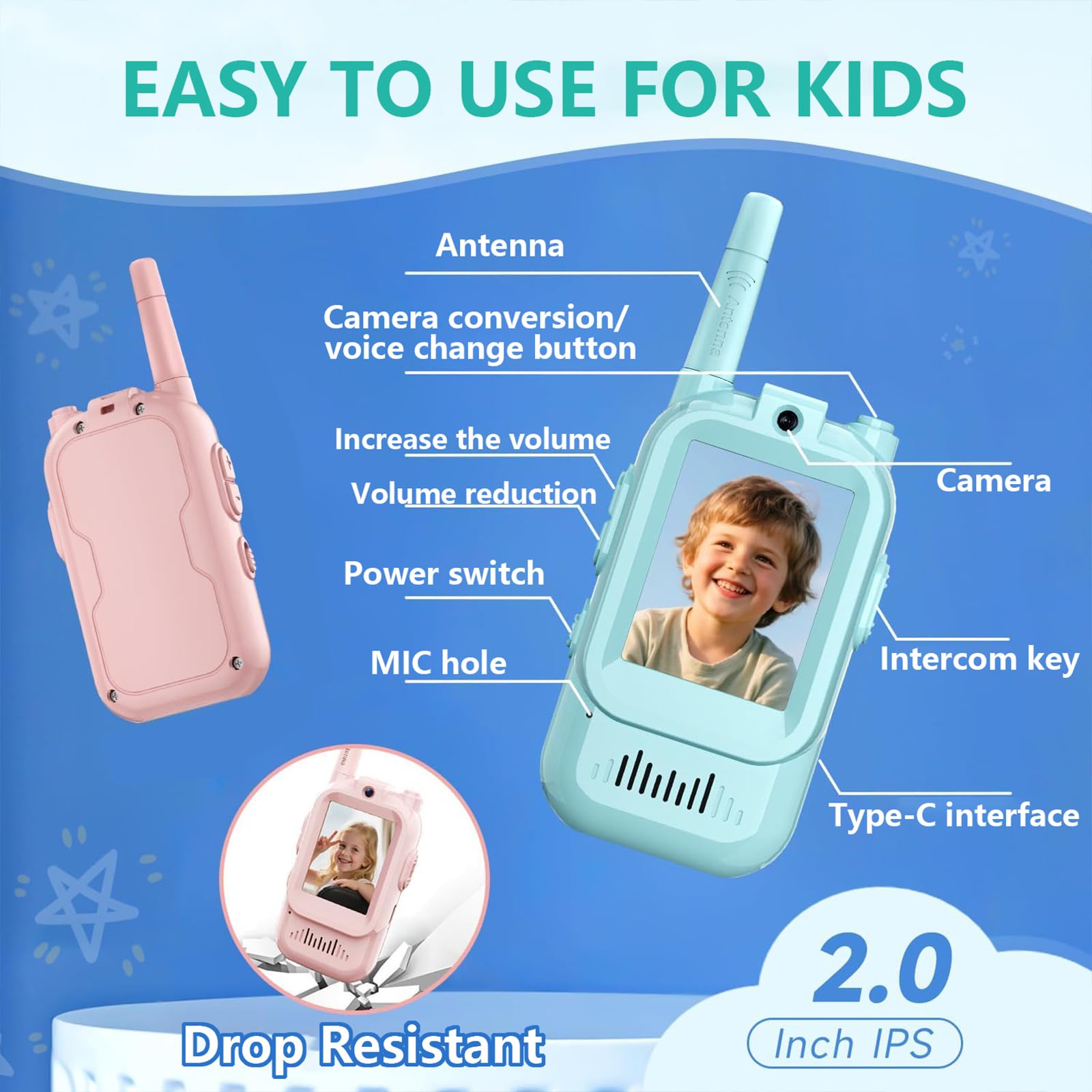 Talkies-Walkies VidéO pour Enfants,Lot De 2 Pack Portables Rechargeables avec CaméRa HD Et Changeur Voix,Jeux D'IntéRieur D'ExtéRieur Toute La Famille,IdéAl Le Camping RandonnéE(Blue+Blue)