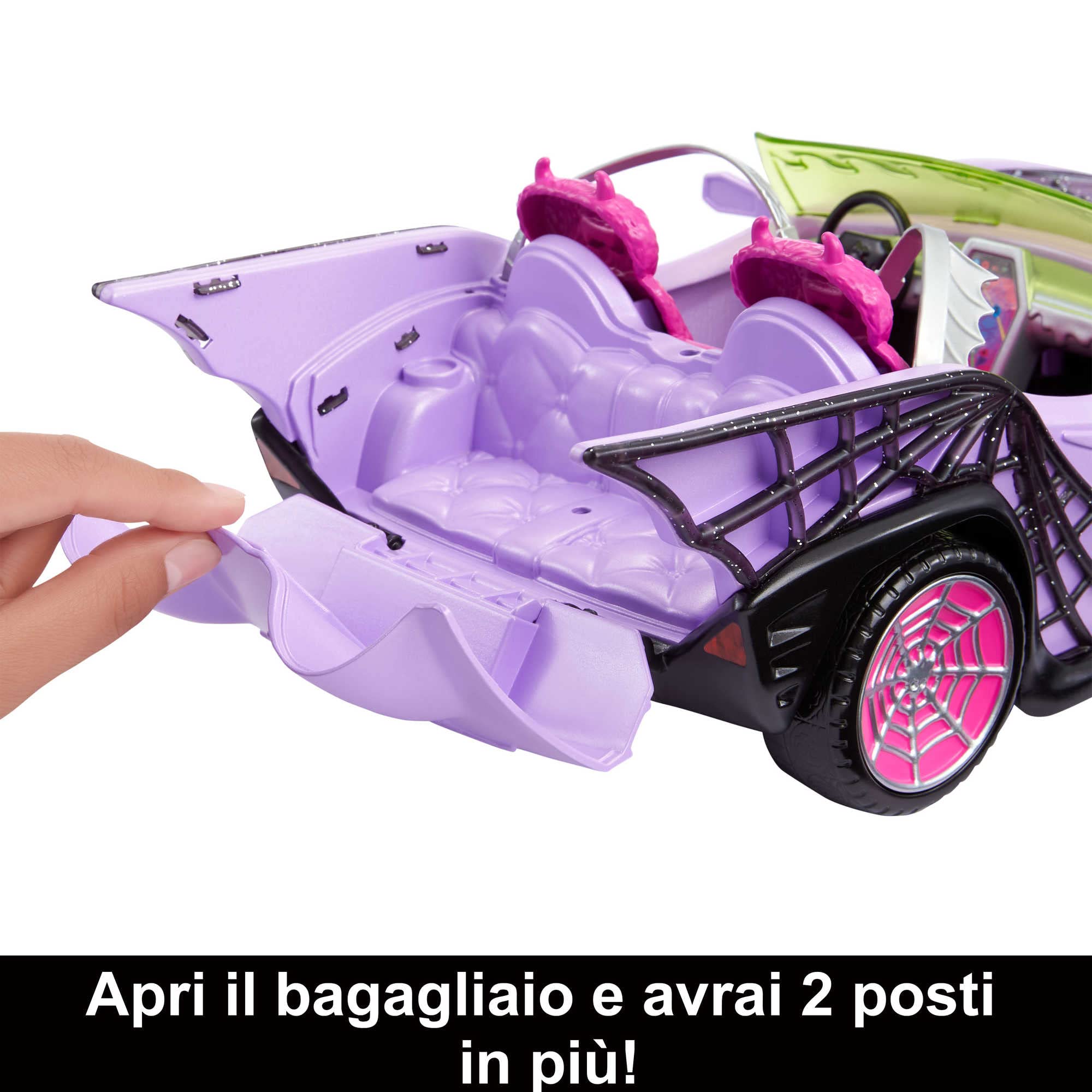 Monster High - Mostromobile, macchina giocattolo con animale, accessorio e ghiacciaia portatile, cabrio viola con dettagli a ragnatela, Giocattolo per Bambini 4+ Anni, HHK63