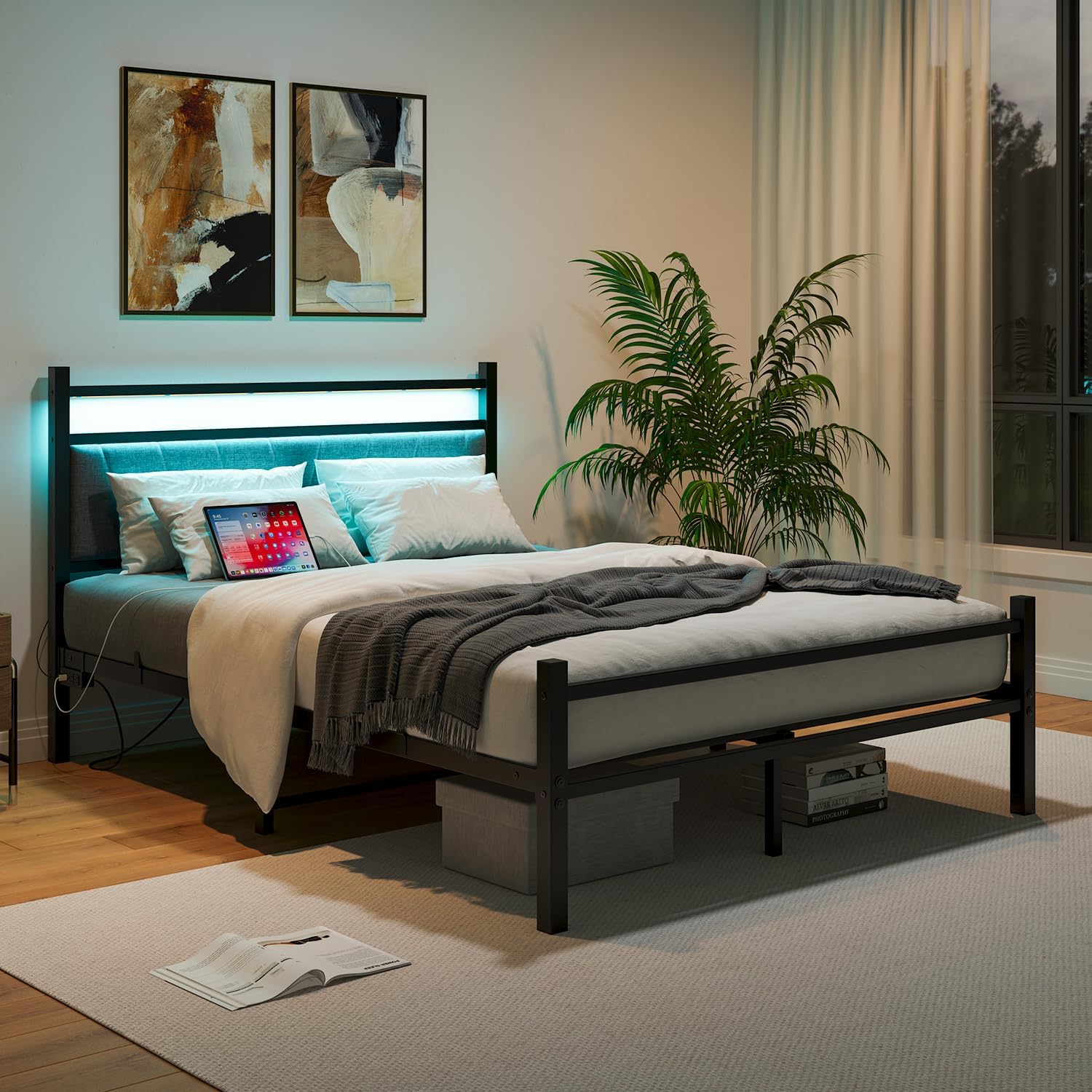 (Untested) Full Size Bed Frame with Upholstered Headboard and Charging Station, LED Lights Bed Frames with Under Bed Storage,Solid and Stable, Noise Free, No Box Spring Needed, Easy Assembly,Grey