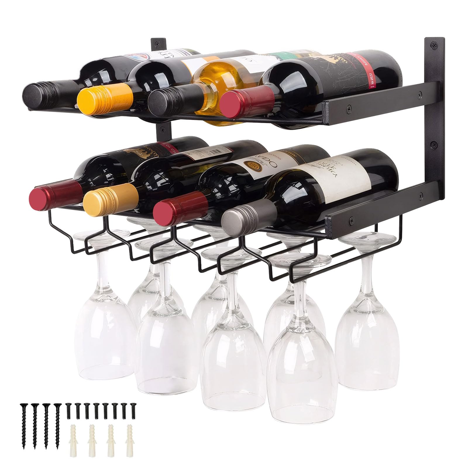 Cyiecweu Estante de Vino Montado en la Pared, Botellero Metal con 8 Soportes para Botellas y 8 para Copas, Exhibidor de Champán para Cocina, Comedor, Bar