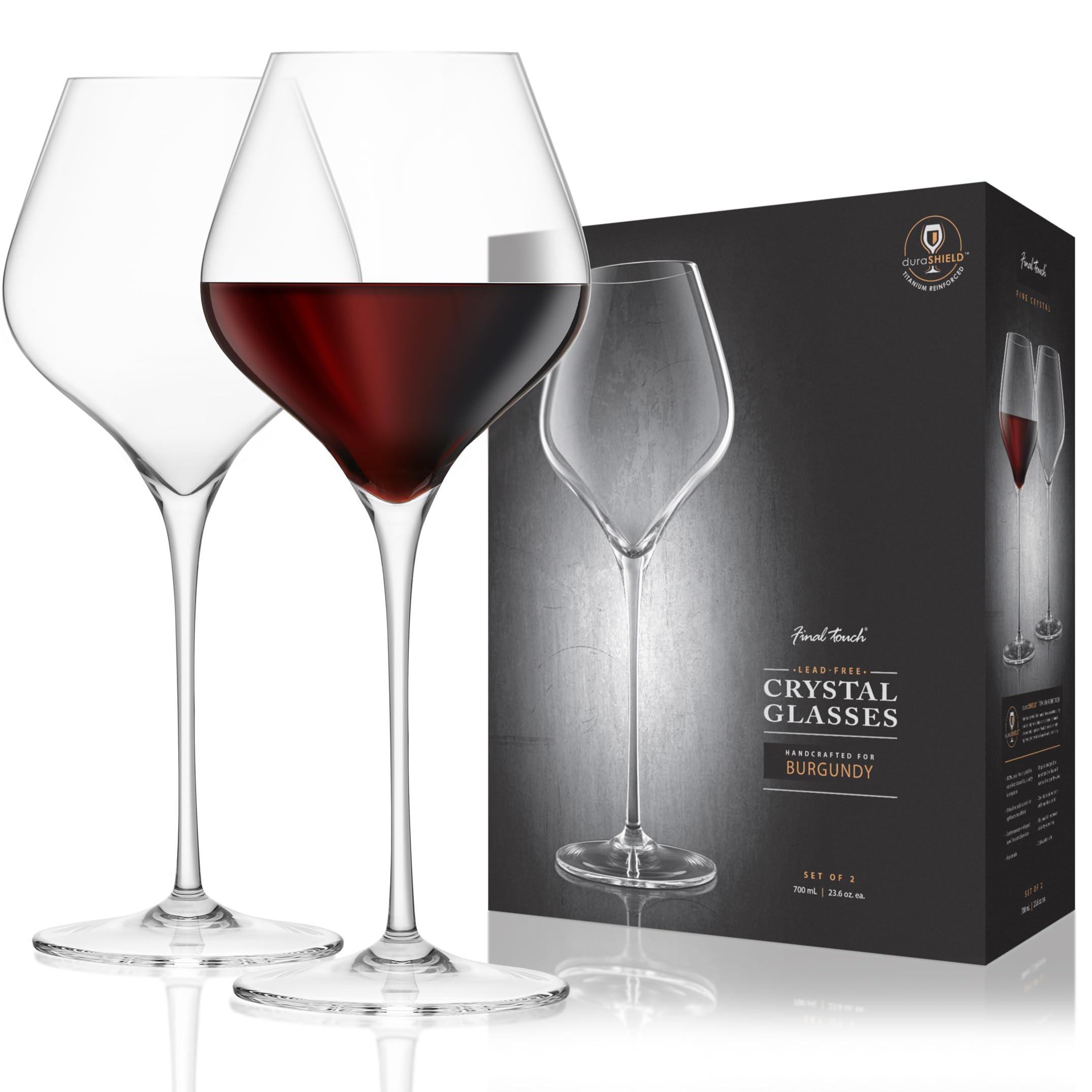 Final Touch, Calici da vino in cristallo per Borgogna, 100% senza piombo, in DuraShield rinforzato in titanio per una maggiore resistenza, altezza: 28 cm, capacità: 700 ml, confezione da 2