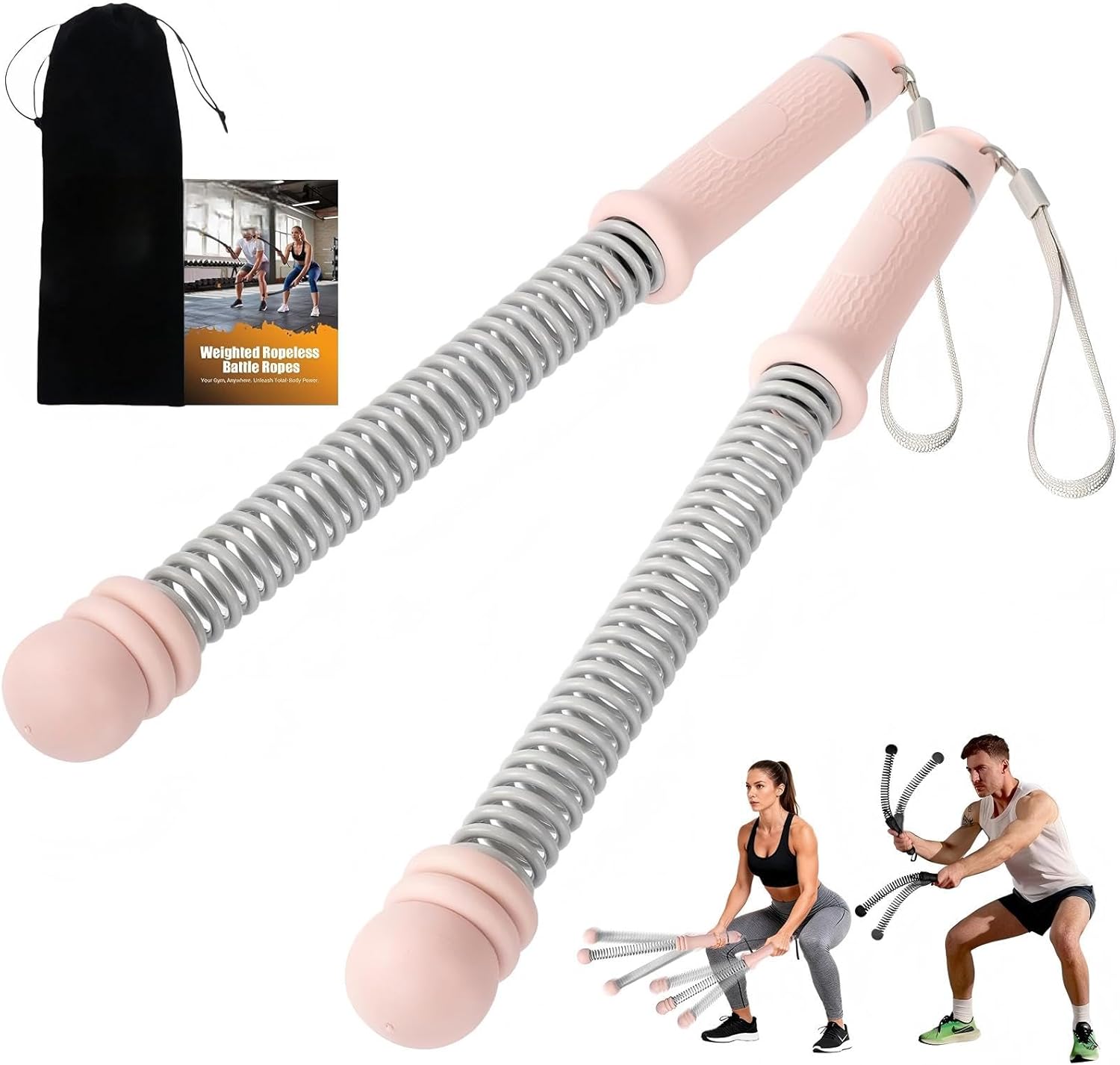 Adjustable Ropeless Battle Ropes, Weighted Cordless Battle Ropes for Home Gym, Quiet Exercise Rope with Non-Slip Handle Variable Resistance for Men Women Exercise(Pink)