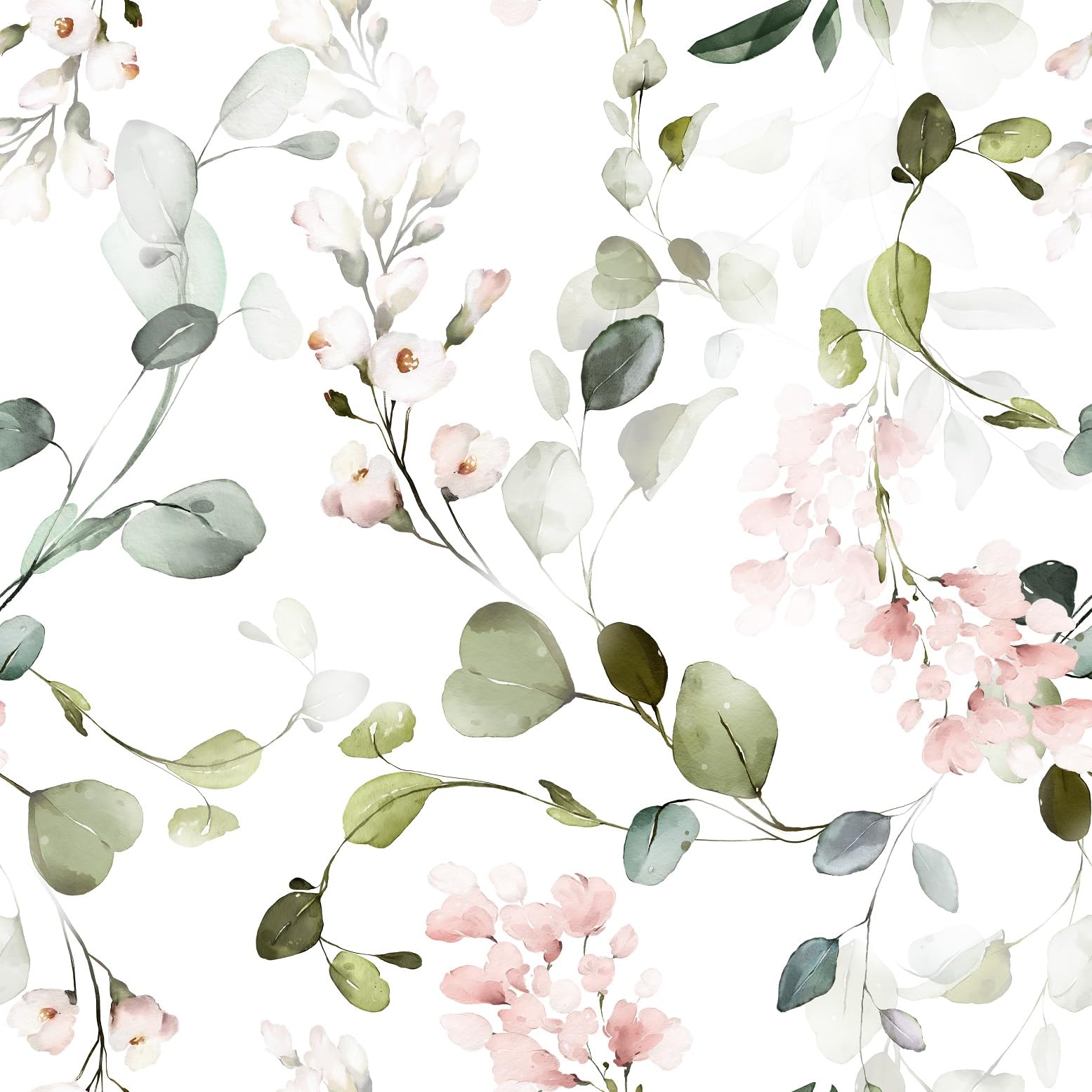 XYZshop Peel and Stick Wallpaper Watercolor Pink Floral Eucalyptus, White Removable Self-Adhesive Wall Paper 17.3"x118" Boho Flower Contact Paper for