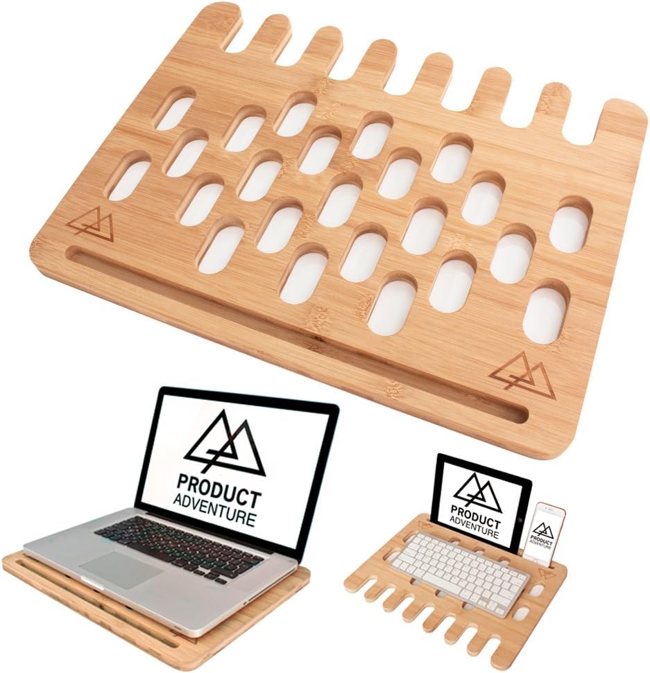 Product Adventure Eco Friendly Lap Desk Laptop Tray โฎ Stability & Comfort, Cooling Pad, Phone & Tablet Holder Vented โฎ Compact Bamboo Wooden Laptop Tray Rest Lapdesk for Laptop 13, 15 inch