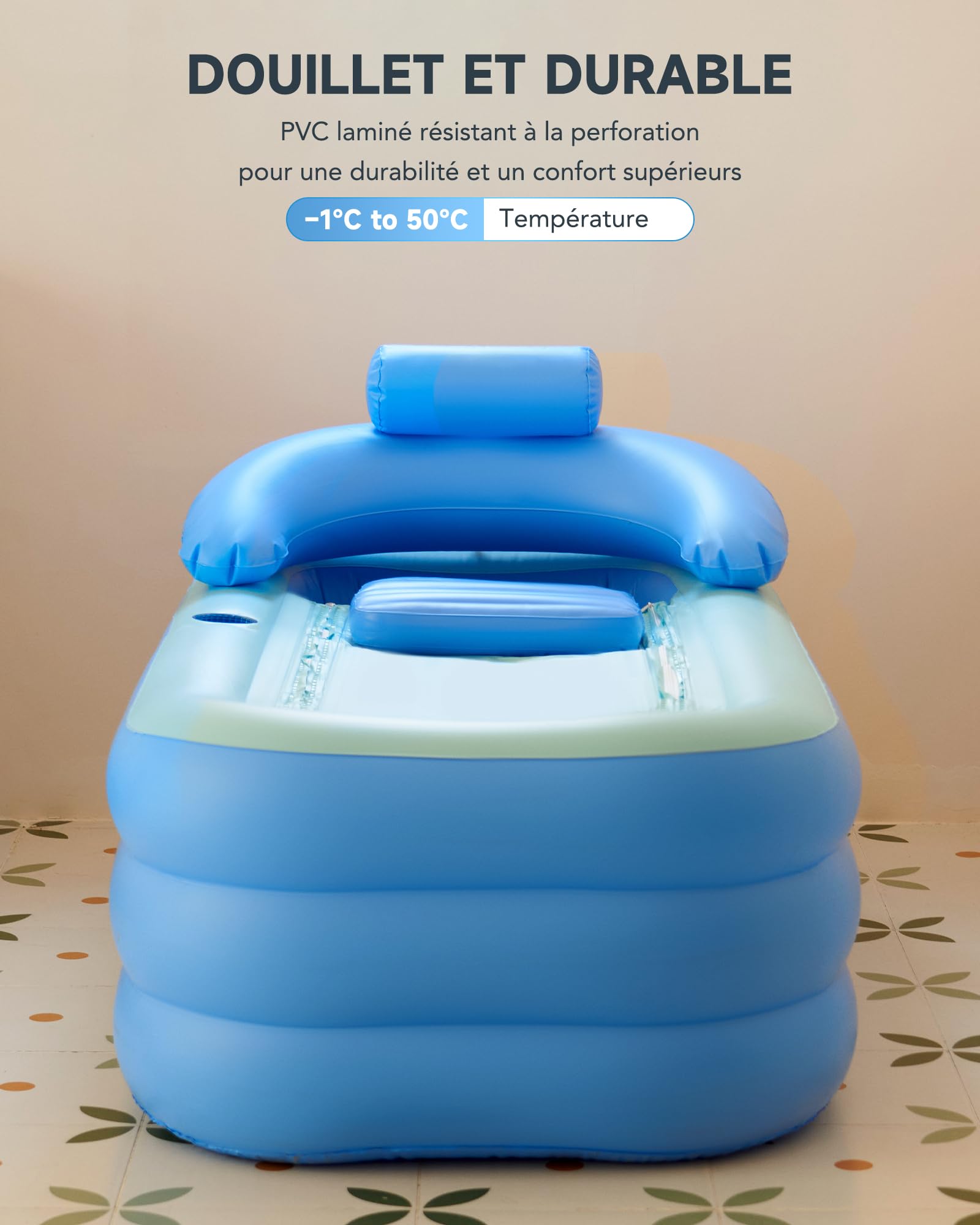 CO-Z Baignoire Gonflable Pliable Portable pour Adultes en PVC, 160x84cm Capacité 220kg, avec Couvercle Détachable Porte-Gobelet Pompe à Pied
