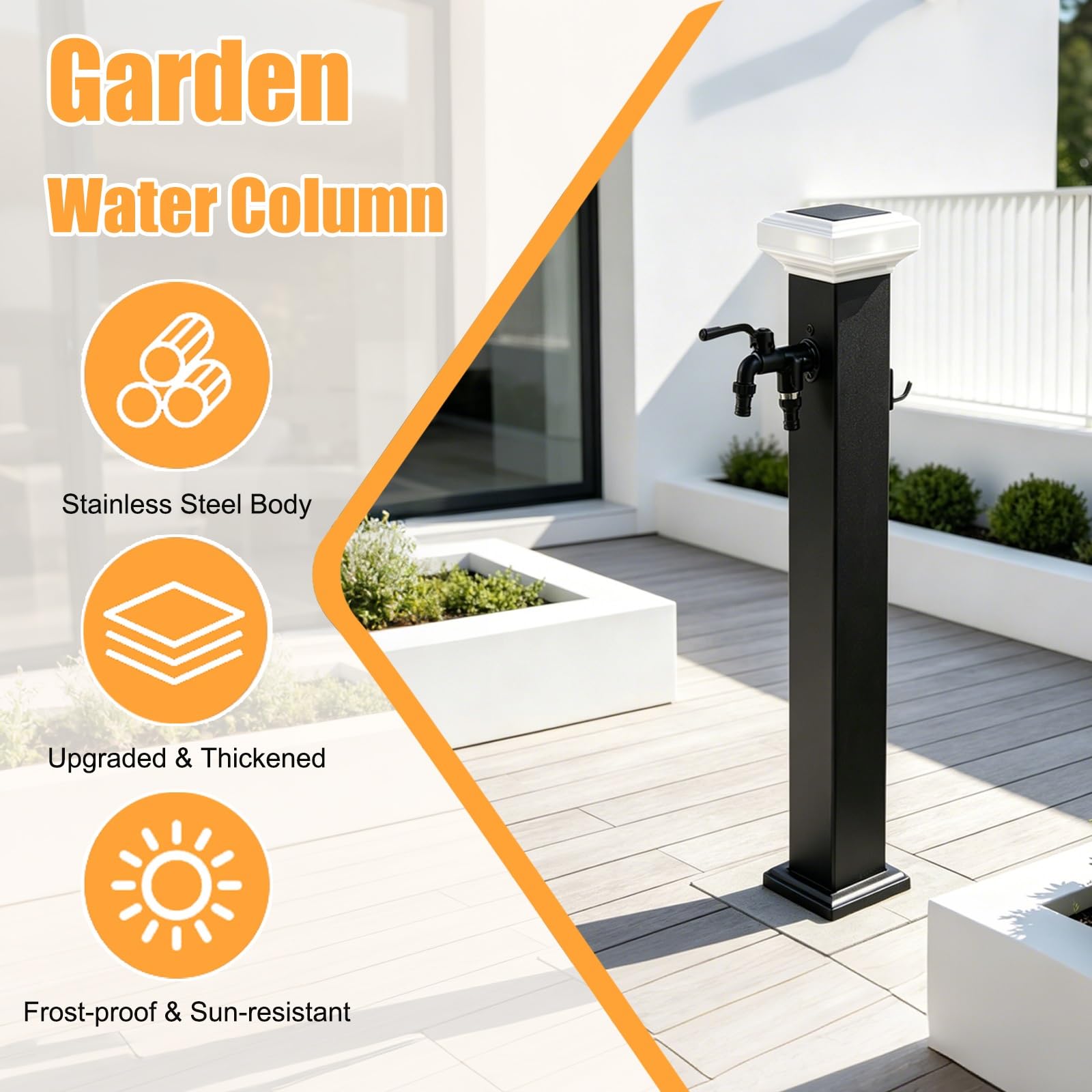 Grifo Exterior con Lámpara Solar, Grifo Exterior Independiente de Acero Inoxidable 304, para Jardín, Terraza, Césped, Lavado de Mascotas(Grey,60cm/23.6in)