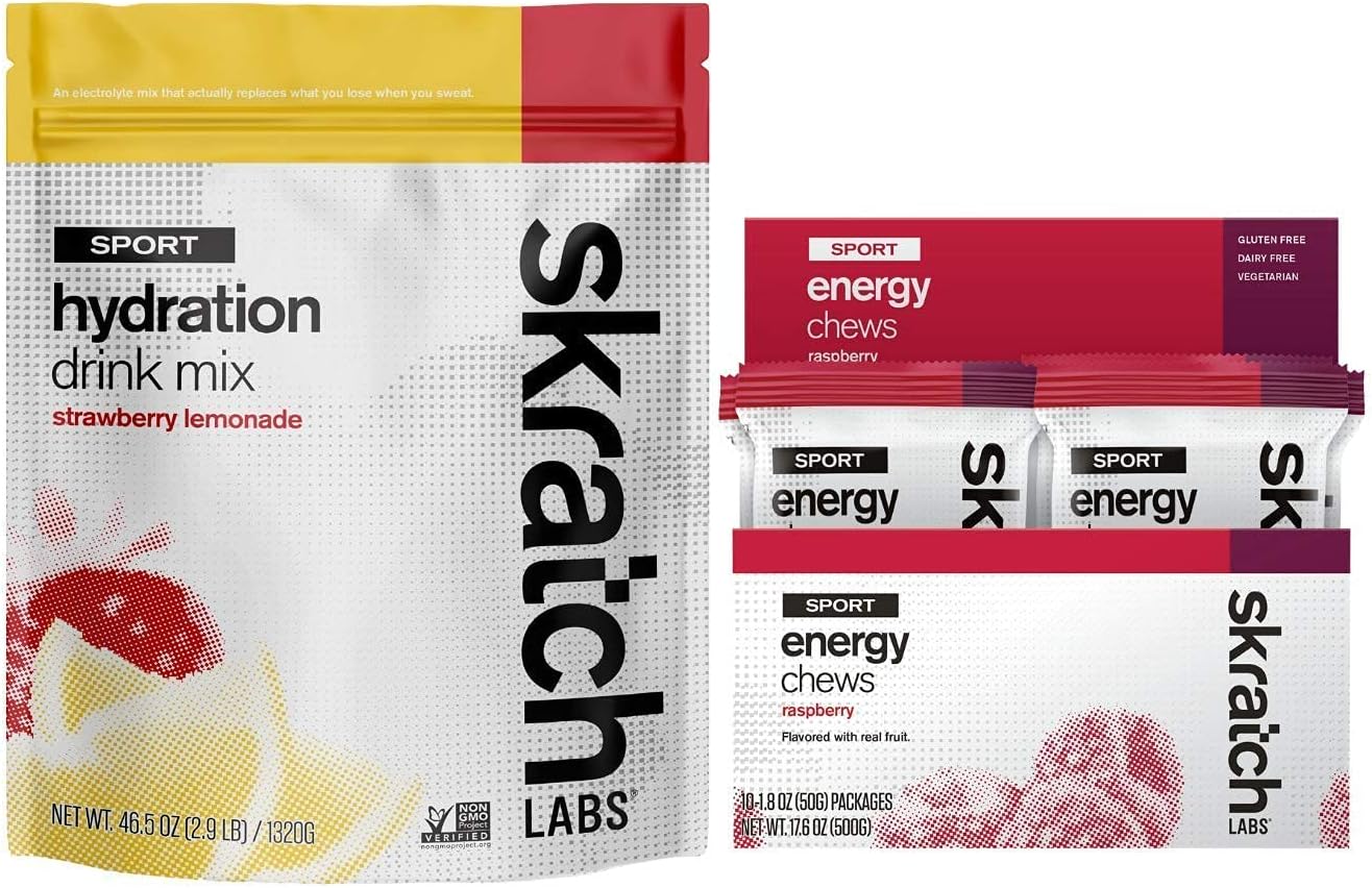 SKRATCH LABS Hydration Powder Drink Mix Strawberry Lemonade (15.5oz) & Energy Chews Raspberry (10ct) Bundle