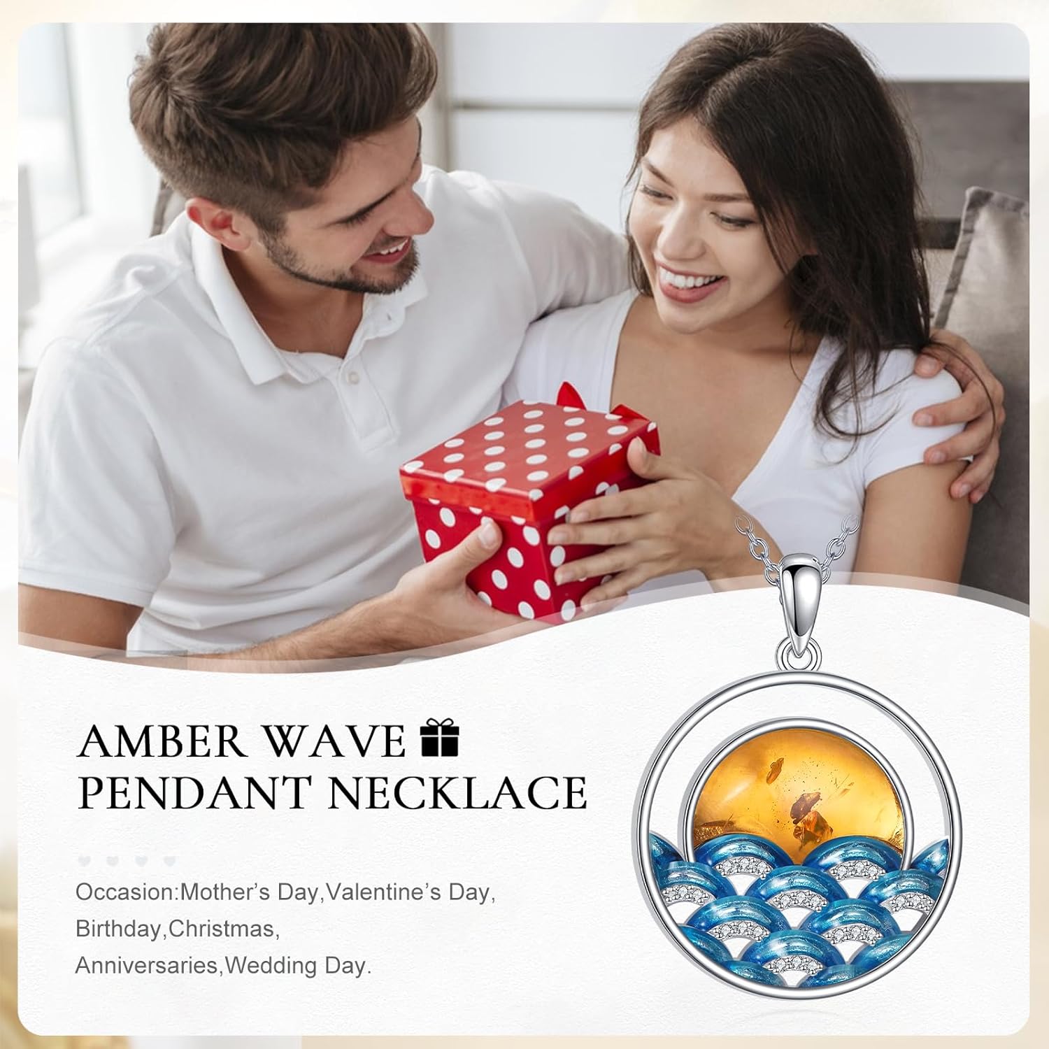 Wave Necklace Amber Sun Pendant - 925 Sterling Silver Dainty Blue Ocean Wave Necklace with Amber for Women Ocean Beach Jewelry Gifts