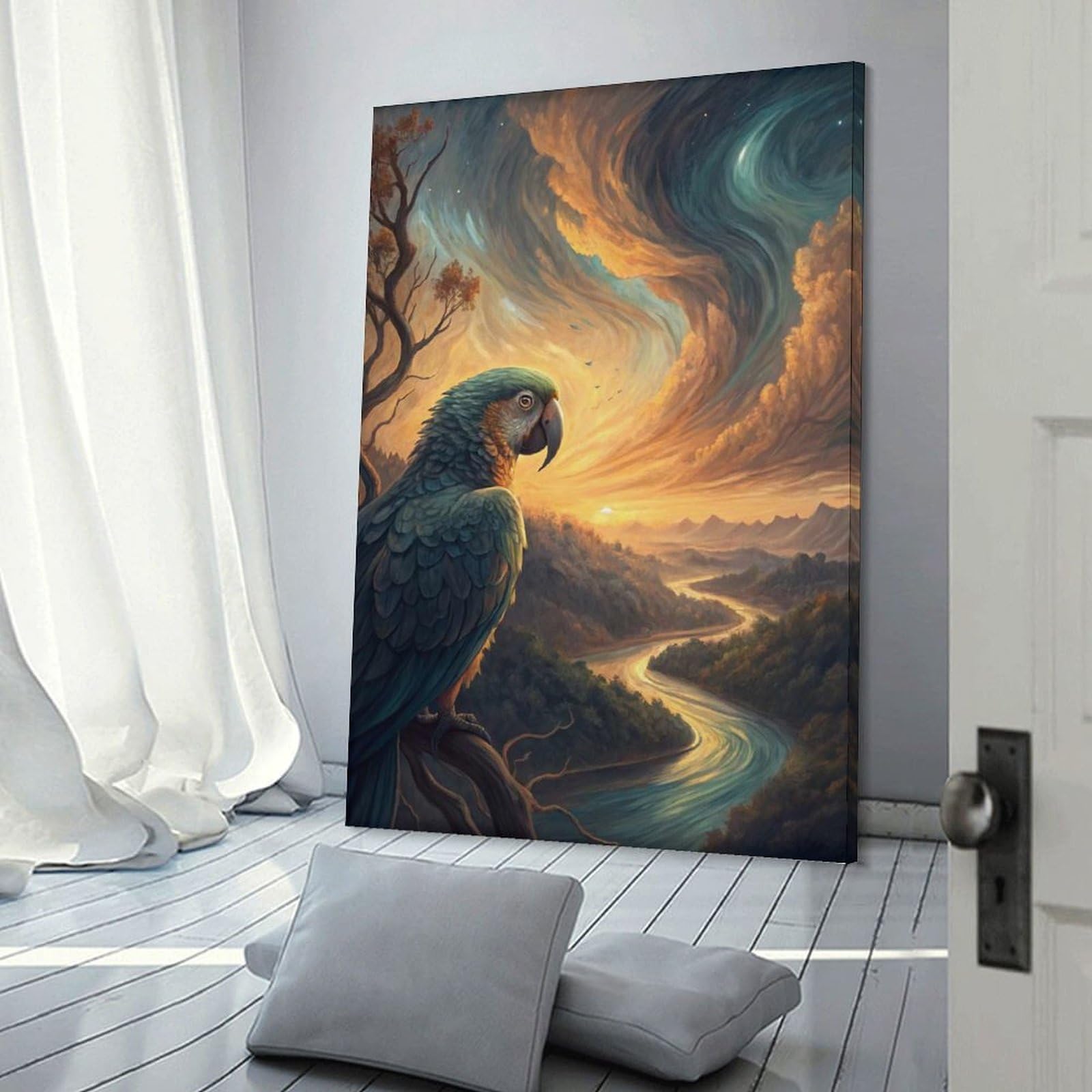 Junmoney Parrot Overlooking A River Valley at Sunset Home Decor Wall Art, 08x12inch(20x30cm), for Work Areas, Reading Rooms Or Studios, An Interior Accent for Desk Areas