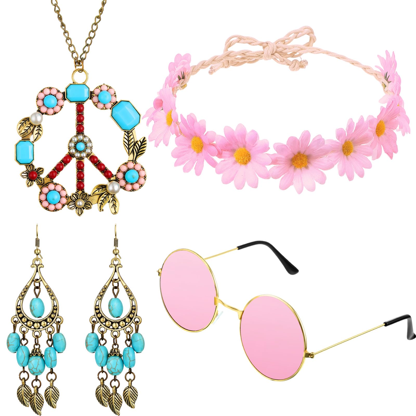 Hicarer Hippie Costume Accessories Include Sunglasses, Peace Sign Necklace, Boho Headband and Earring for 60s 70s Party