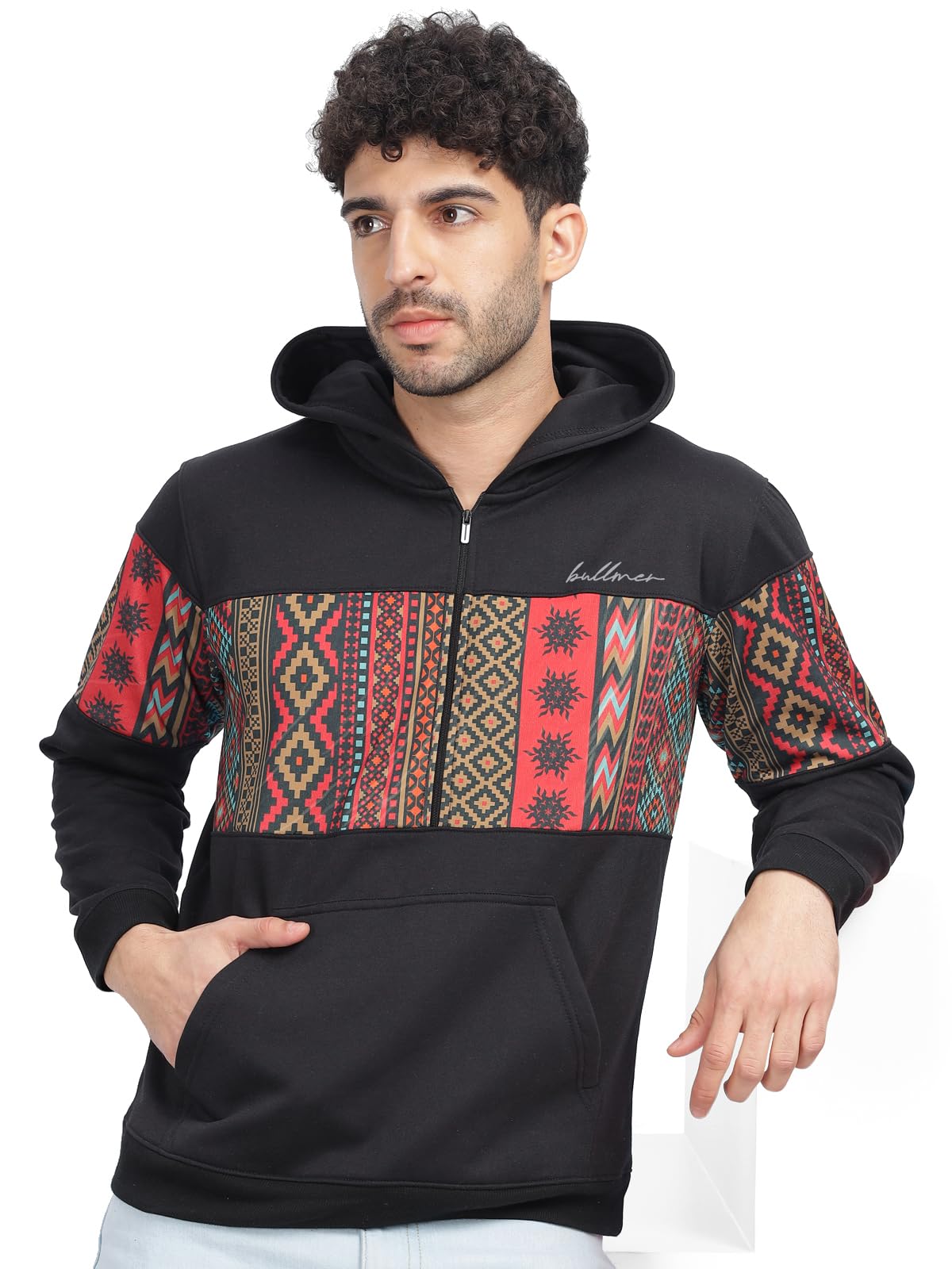 Grey Melange Trendy Colourblock Fleece Hoodie Sweatshirt for Men