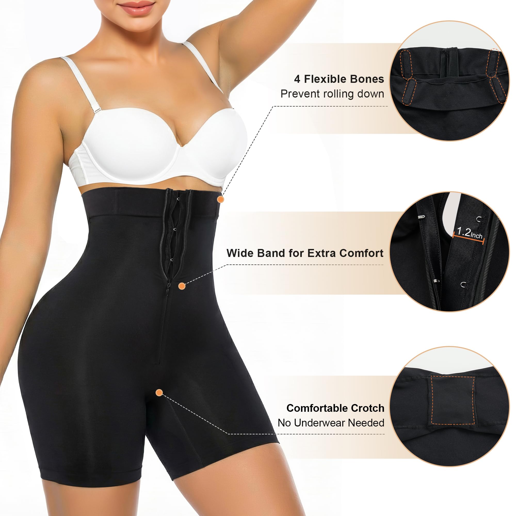 SHAPERX Faja Moldeadora Mujer Alta Compresión con Cremallera y Ganchos, Shorts Moldeadores Cintura Alta Antideslizantes, Pantalón Reductor Vientre Plano Invisible para Uso Diario y Vestidos
