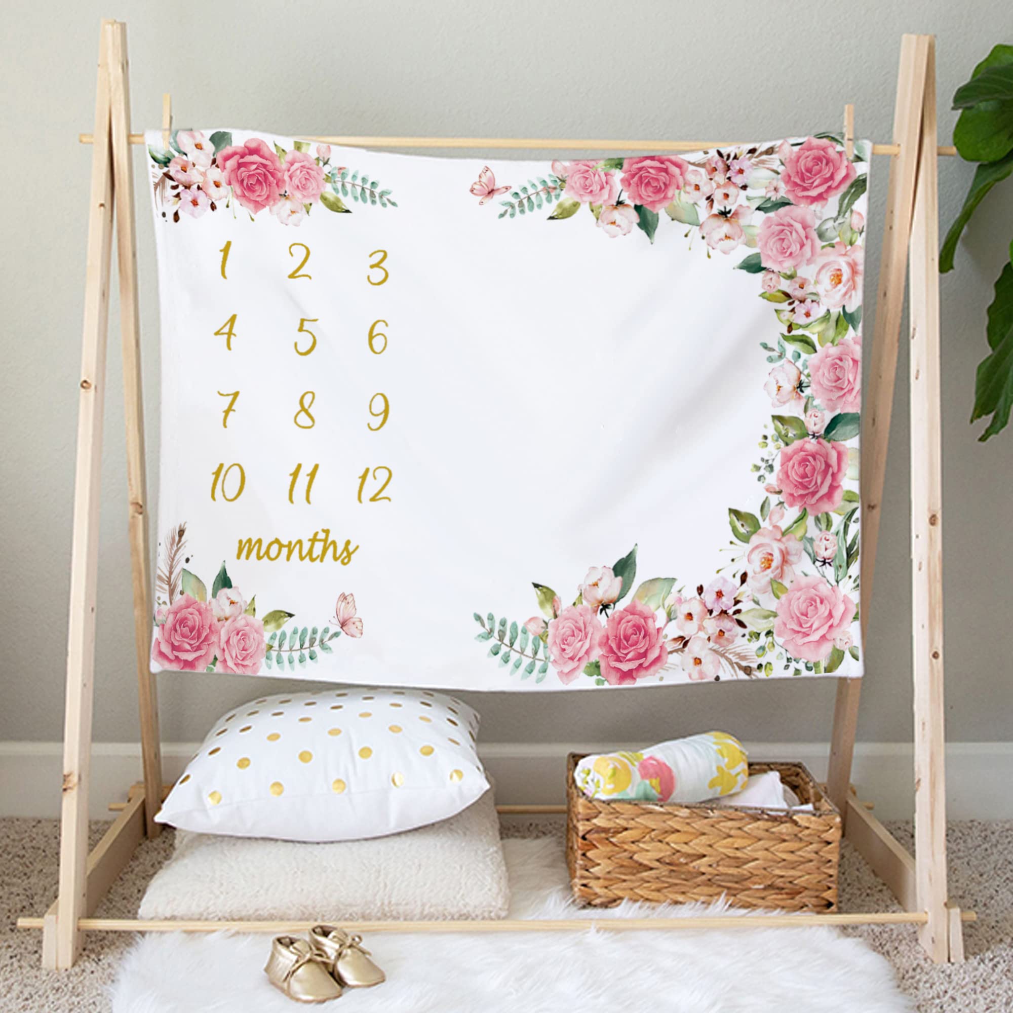 Manta mensual para bebé, Manta de hito para niña, Seguimiento del Crecimiento y la Edad, Regalos de Despedida de Soltera para mamá, Incluye Corona Floral y Diadema de Lazo Rosa, 60 x 40 Pulgadas