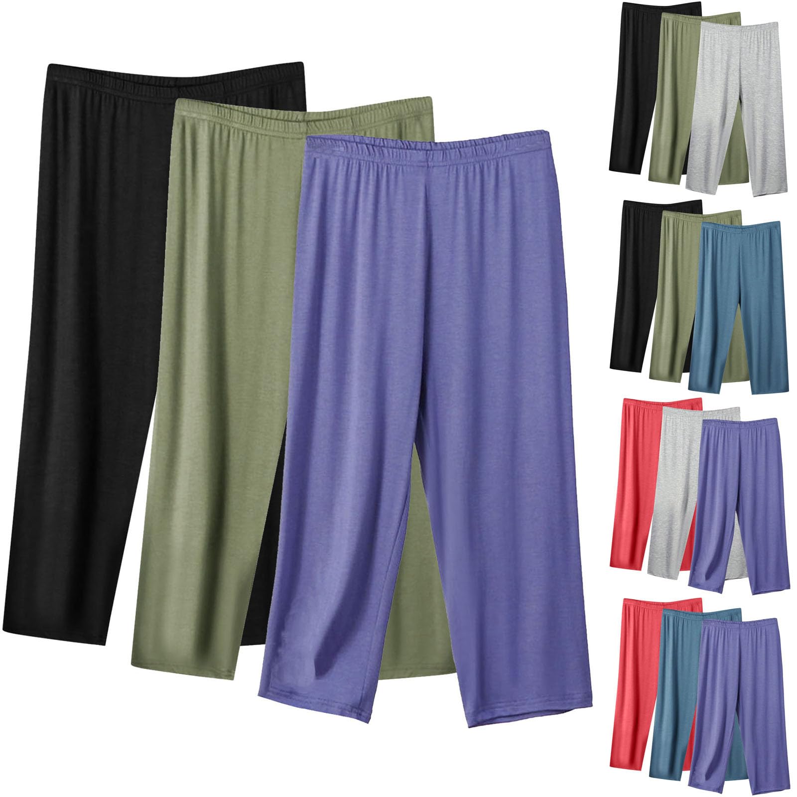 Schlafhose Damen 3/4 Schlafanzughose 3 Teilig Pyjamahose Pyjama Hosen Lounge Hose Stretch Sommerhose Weites Bein Sporthose Große Größen Relaxhose Loungewear für Frauen Dünne Sommer Schlafanzughosen