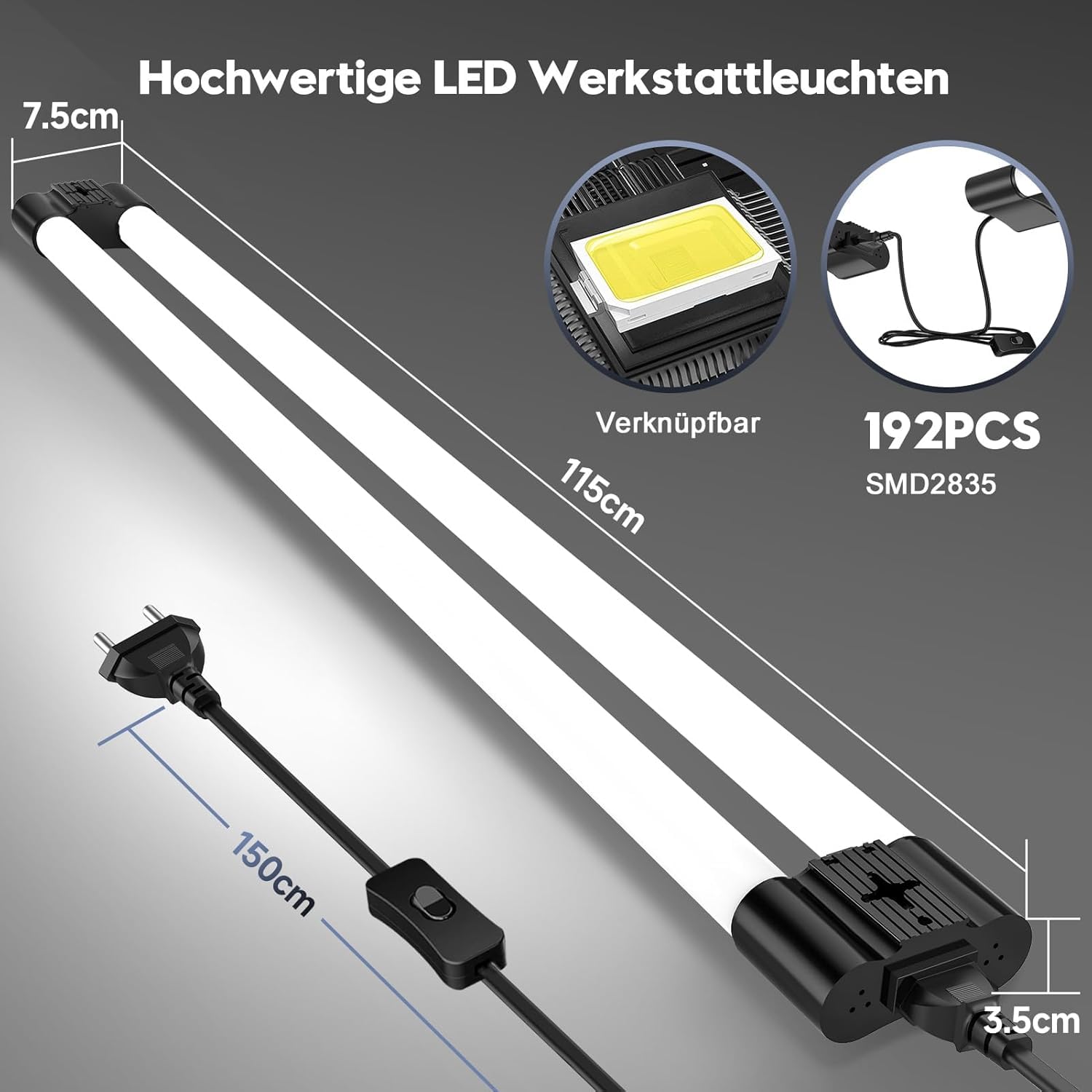 Feuchtraumleuchte LED 115cm mit Stecker,40W Verknüpfbar Feuchtraumlampe,6500K Kaltweiß LED Röhre,4400LM Superhell Kellerlampe,Leuchtstoffröhre für Küche Büro Flur Garage