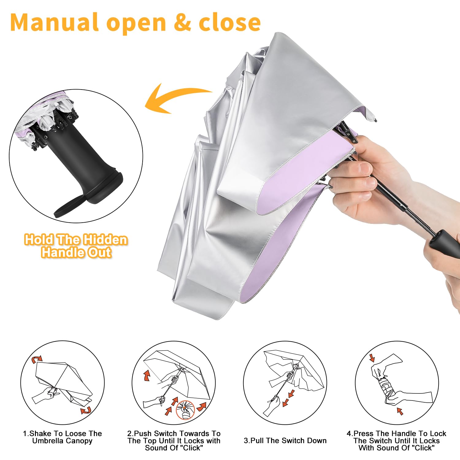 Mini paraguas de viaje, protección solar UPF 50+, compacto, manual, plegable, portátil, pequeño, color morado. 7