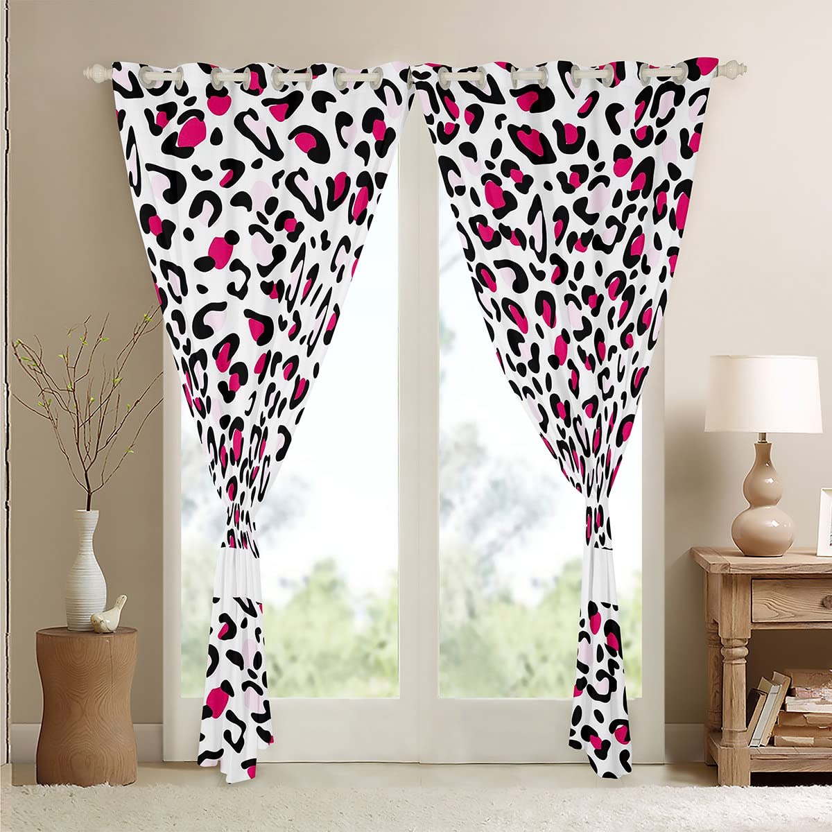 Loussiesd Leopard Curtains for Girls Kids Women Safari Cheetah Window Drapes Black White Pink Leopard Window Curtains for Wild Animal Window Treatments,W46*L72 - Image 4