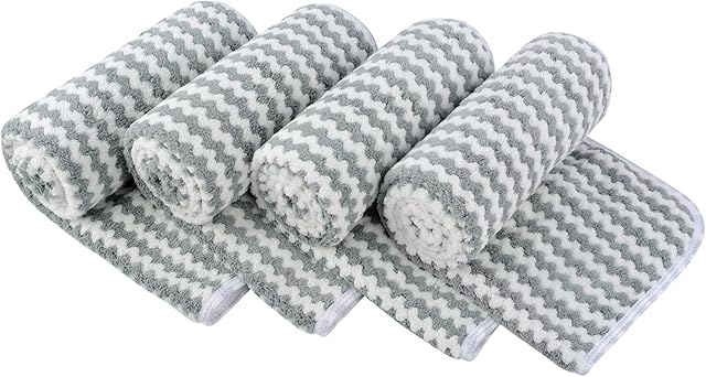 KinHwa Microfibre Hand Towels Ultra Soft Hand Towels for Bathroom Super Absorbent Bath Towels with Wave Stripe Ideal for Hair Spa Sports and Travel 30inch x 16inch 4 Pack Greyish-green