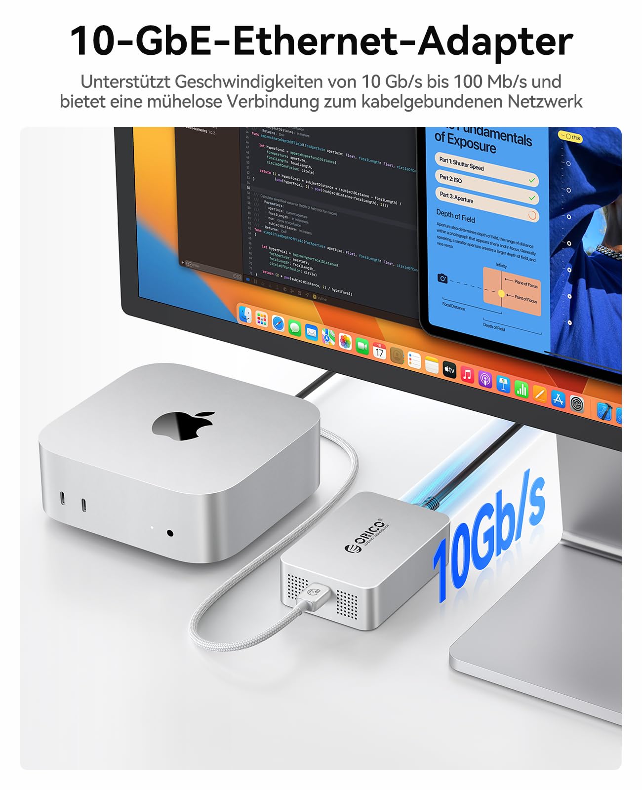 ORICO USB 4 to 10GbE Ethernet Adapter for Thunderbolt Unterstützt 10Gb/s, 5Gb/s, 2.5Gb/s, 1Gb/s und 100Mb/s Base-T, Kompatibel mit Thunderbolt 3/4/5 Geräten, mit 0.3M 40Gbps C zu C Kabel