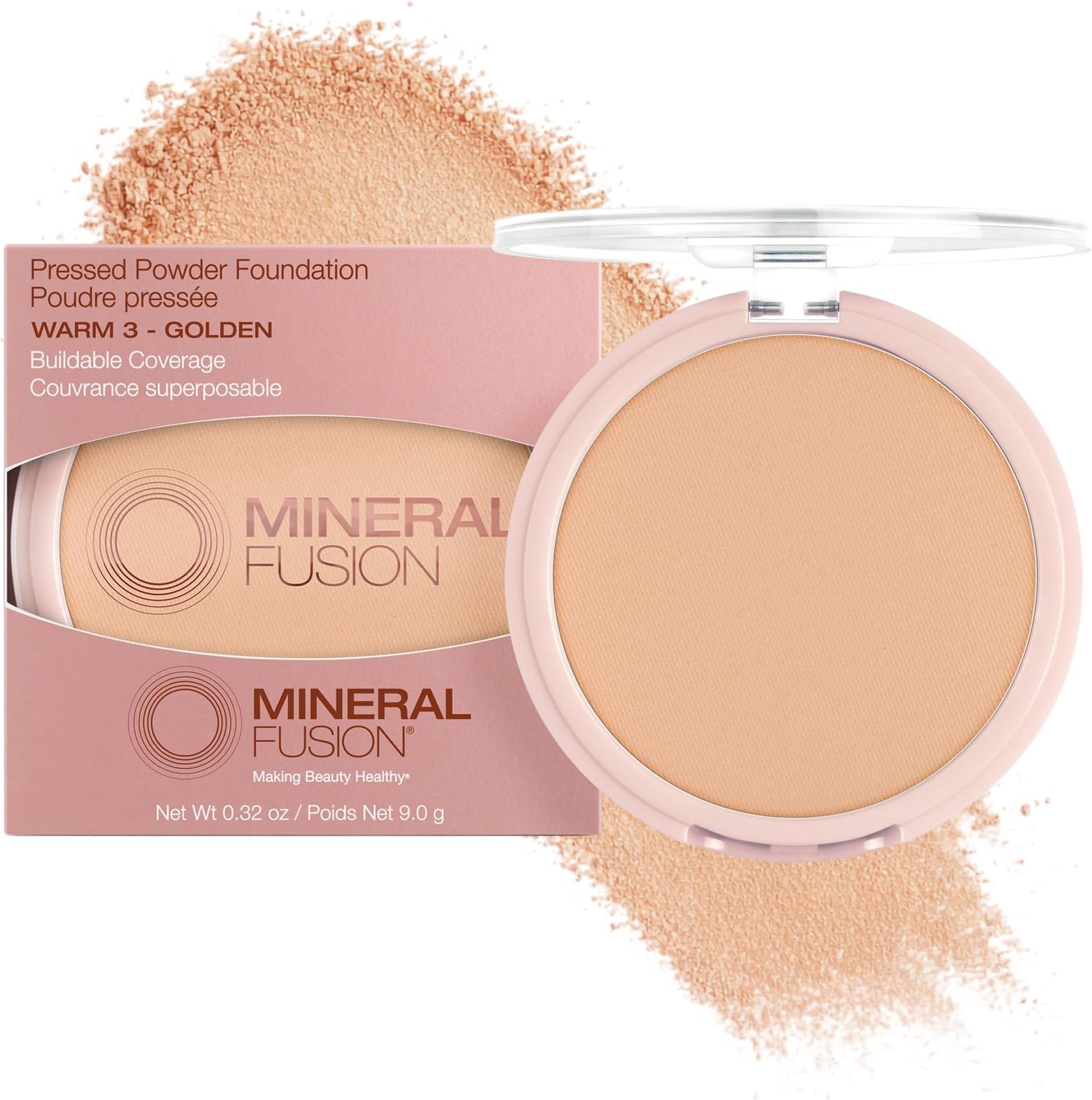 Mineral Fusion Pressed Powder Foundation - Matte Finish Face Powder for Med/Tan Skin with Yellow Undertones - Age Defying Natural Makeup - Talc Free, Vegan, Hypoallergenic (Warm 3)