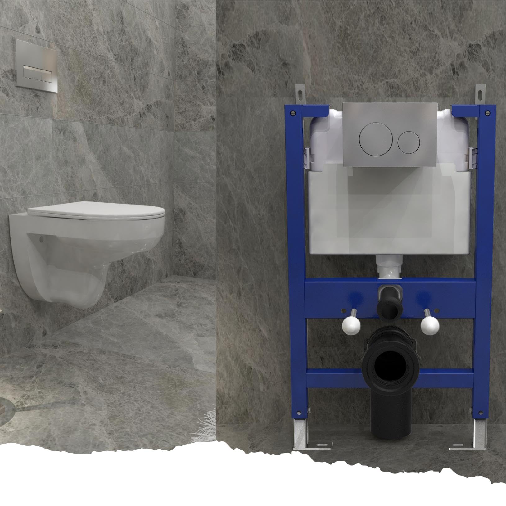 Biubiubath Complete Set-415-Uf Modern Bathroom Round Rimless Wall Hung Toilet Uf Slim Soft Close Seat With 0.82M Low Height Concealed Cistern Frame & Round Sliver Flush Plate
